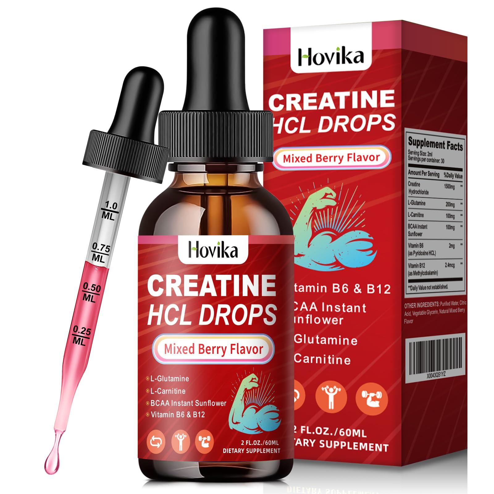 Hovika Creatine HCL Liquid Drops for Men & Women, Creatine Hydrochloride with L-Carnitine, L-Glutamine, BCAA, Vitamin B12 & B6 for Muscle Growth & Recovery-Vegan, Mixed Berry Flavor Flavor, 2 Fl Oz