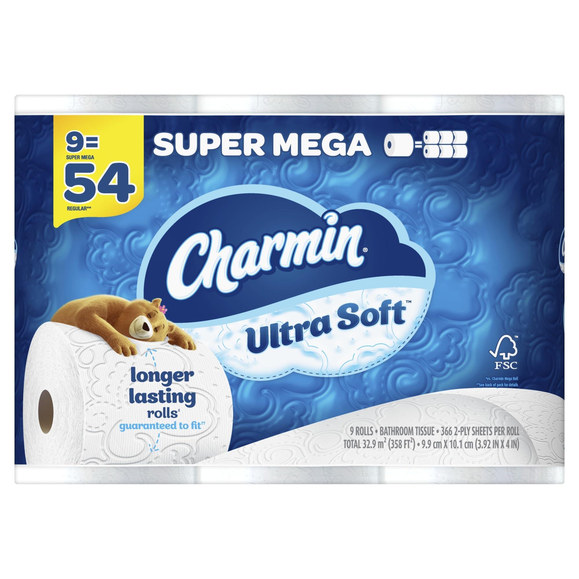 charmin Charmin Ultra Soft Super Mega 2-Ply Toilet Paper Rolls, 4\" x 4-1/2\", White, 366 Sheets Per Roll, Pack Of 9 Rolls