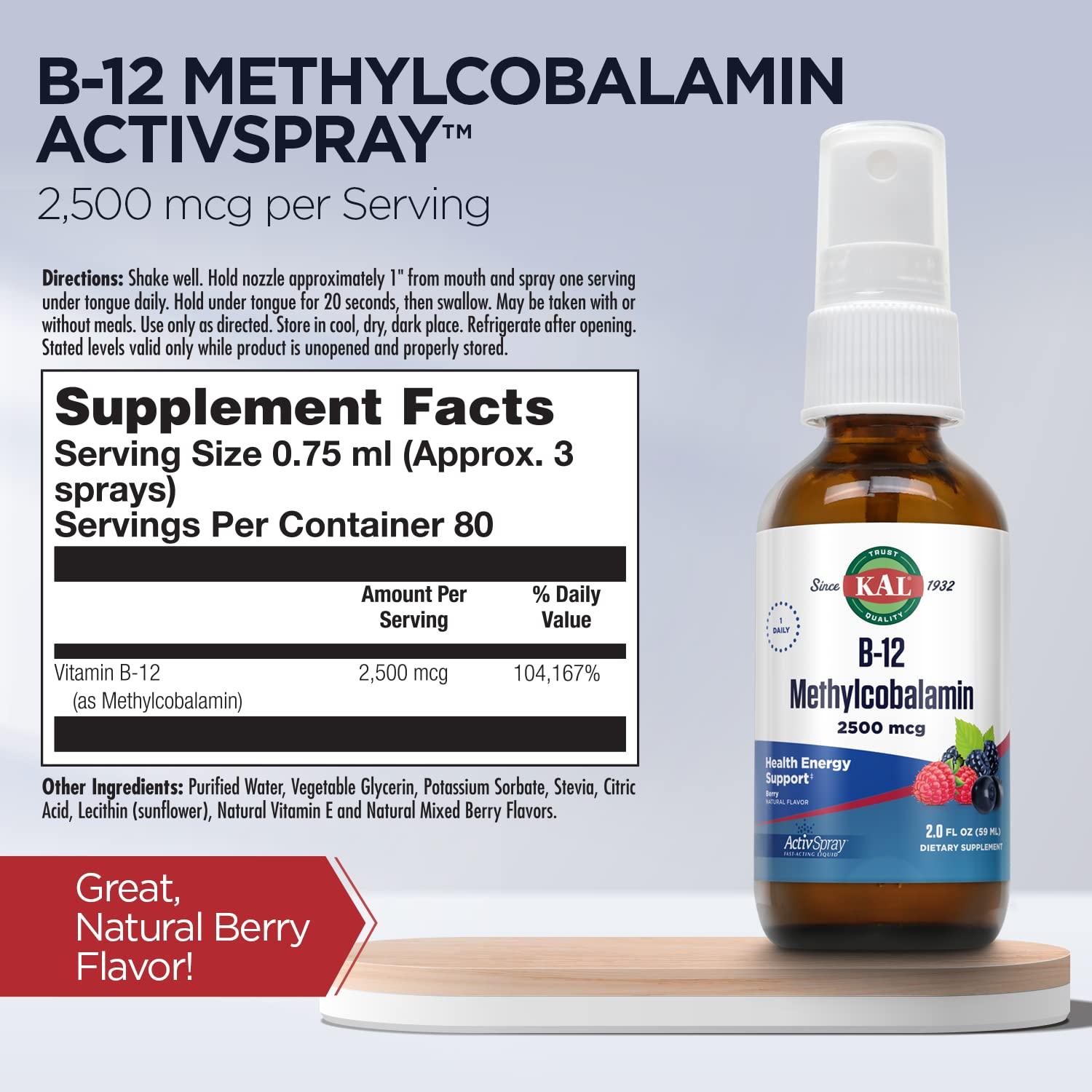 KAL KAL Vitamin B12 Methylcobalamin ActivSpray 2500mcg, Healthy Energy, Metabolism, Nerve & Red Blood Cell Support,* Fast-Acting Liquid B12, Maximum Absorption, Natural Berry Flavor, 80 Servings, 2 fl oz