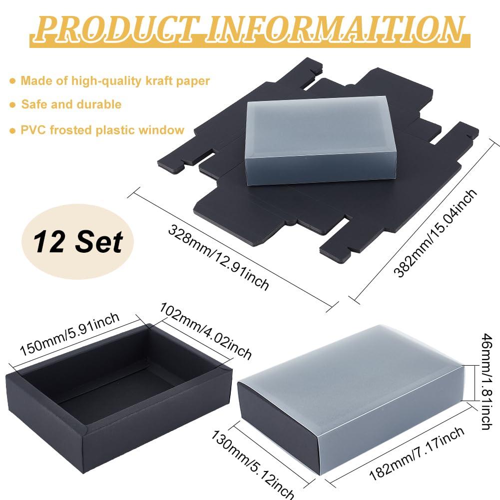 BENECREAT BENECREAT 12 PCS Black Kraft Gift Drawer Box, Translucent Plastic Lid Gift Drawer Box with PVC Frosted Window for Jewellery Candy Gift Wrap Party Favours, 7x5x1.8inch