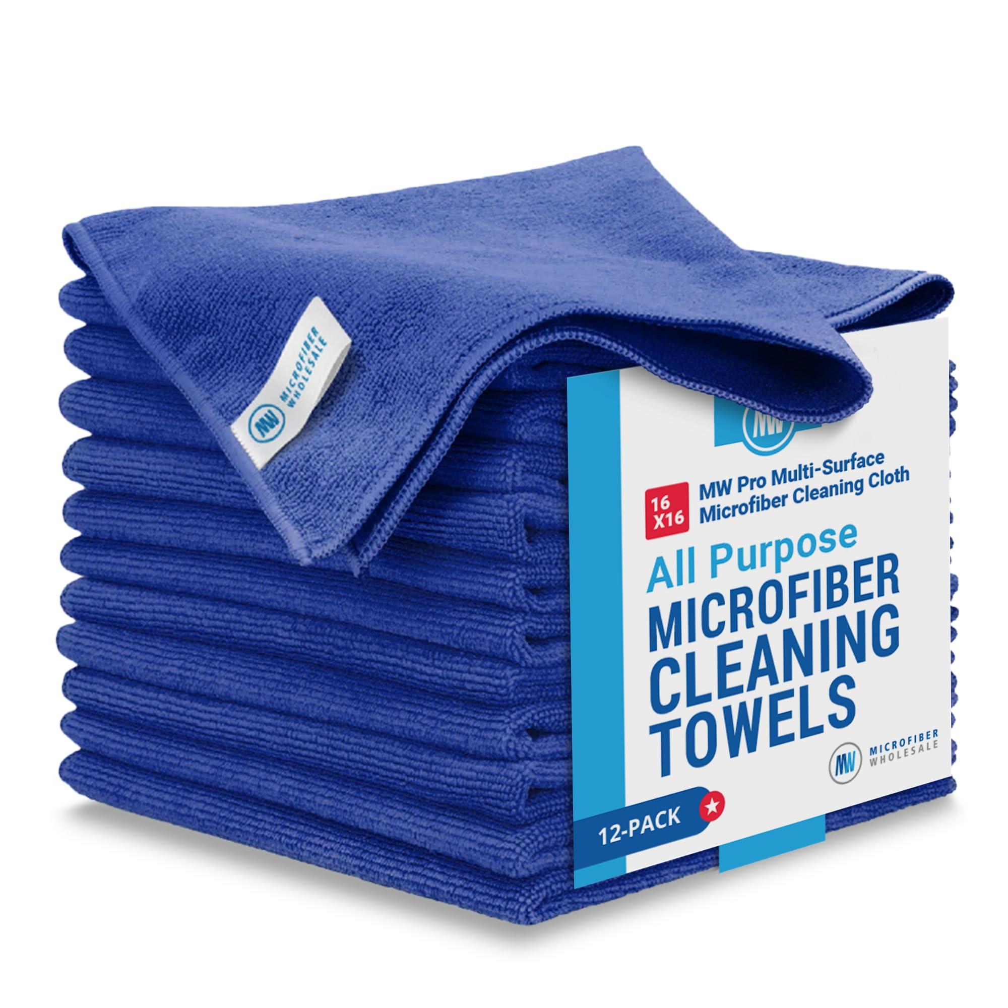Microfiber Wholesale MW Pro Multi-Surface Microfiber Towel 12 Pack | Premium Cleaning Cloth | Clean, Buff, Dust, Polish, Absorb | Large 16\"x16\" (Dark Blue)