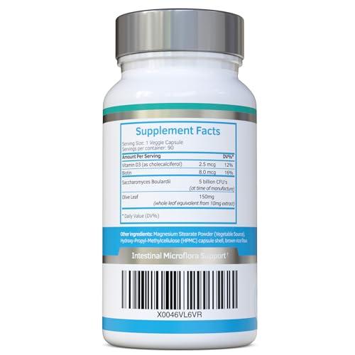 swiss bioenergetics Saccharomyces Boulardii 5 Billion CFU 90 Capsules - No Refrigeration Required - High Strength Non-Colonising Yeast with synergistic Olive Leaf, Biotin and Vitamin D3