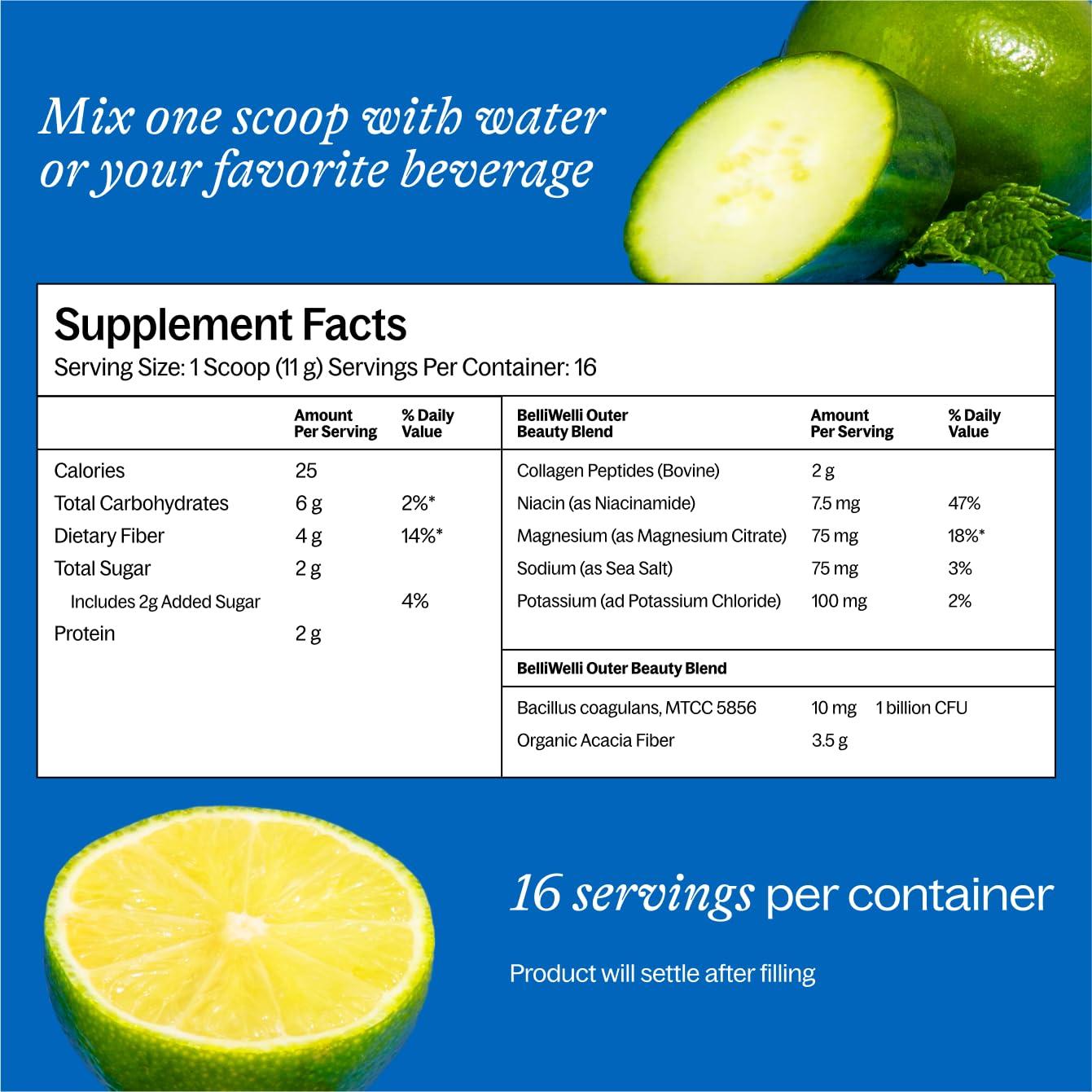 Belli Welli Belli Welli Daily Fiber Supplement with Added Collagen, Probiotics and Electrolytes | Supports Digestive Health and Regularity | Cucumber Lime Cooler | 16 Servings