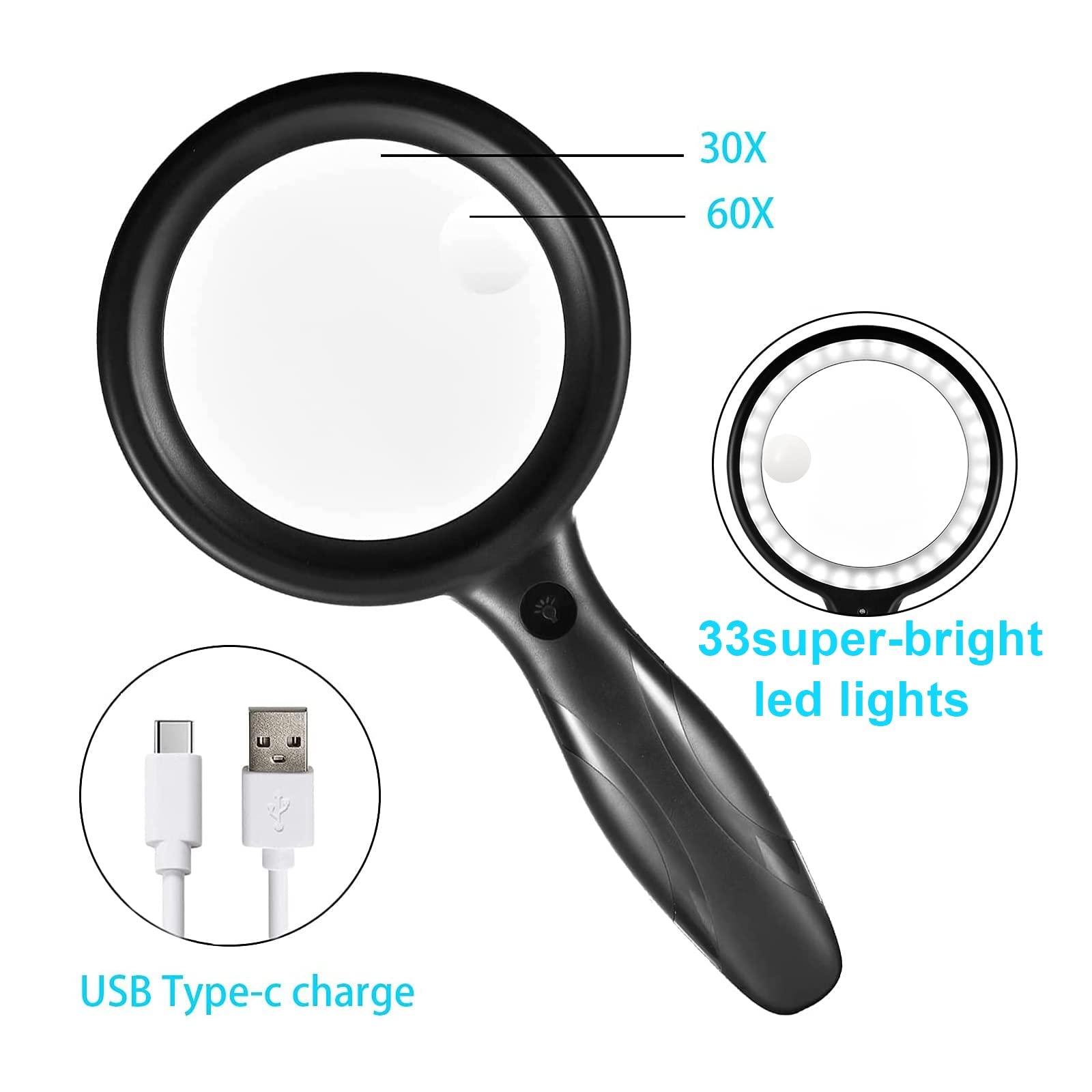 Xccbbow Magnifying Glass with Light, 30x 60x Magnifying Glass for Reading Lighted - 33 LEDs Magnifying Glass Magnifier Magnifier with Light