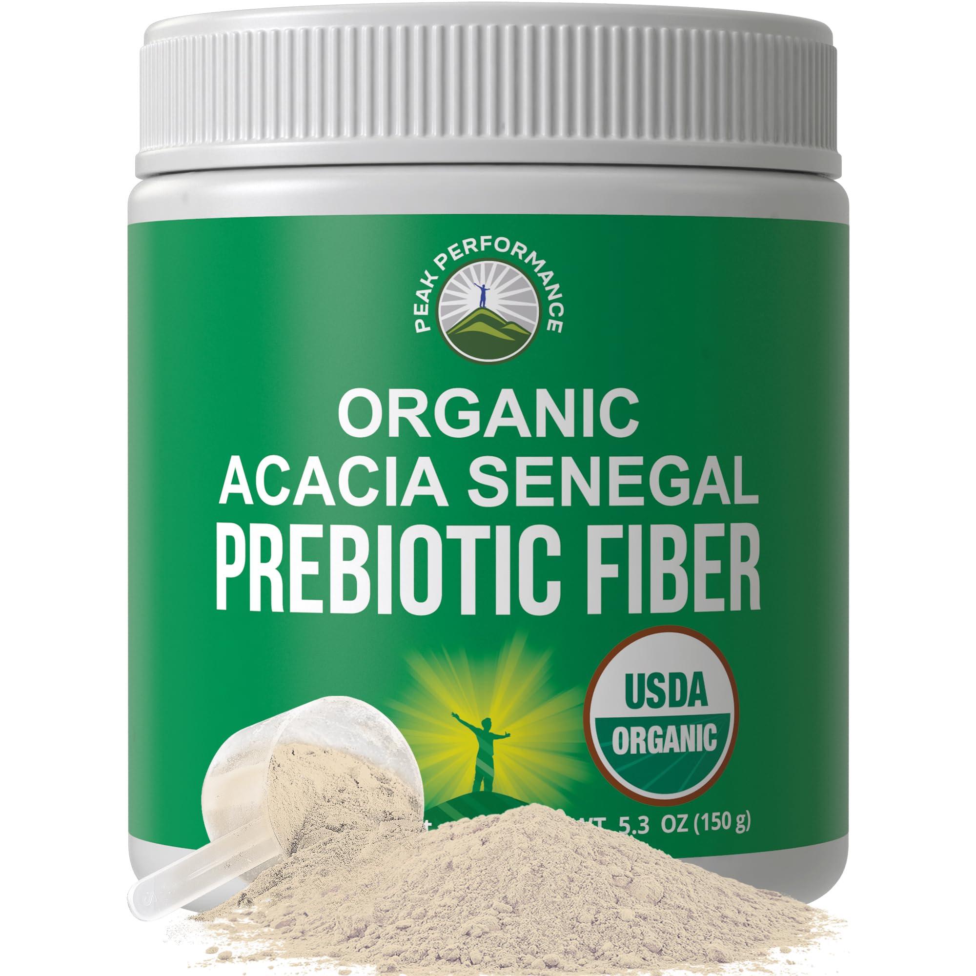 Peak Performance Organic Acacia Senegal Prebiotic Fiber Powder. Unflavored USDA Organic Plant Based Soluble Vegan Prebiotics Gut Health Supplement With Digestive Enzymes. HSA + FSA Eligible Vitamins Only List Approved