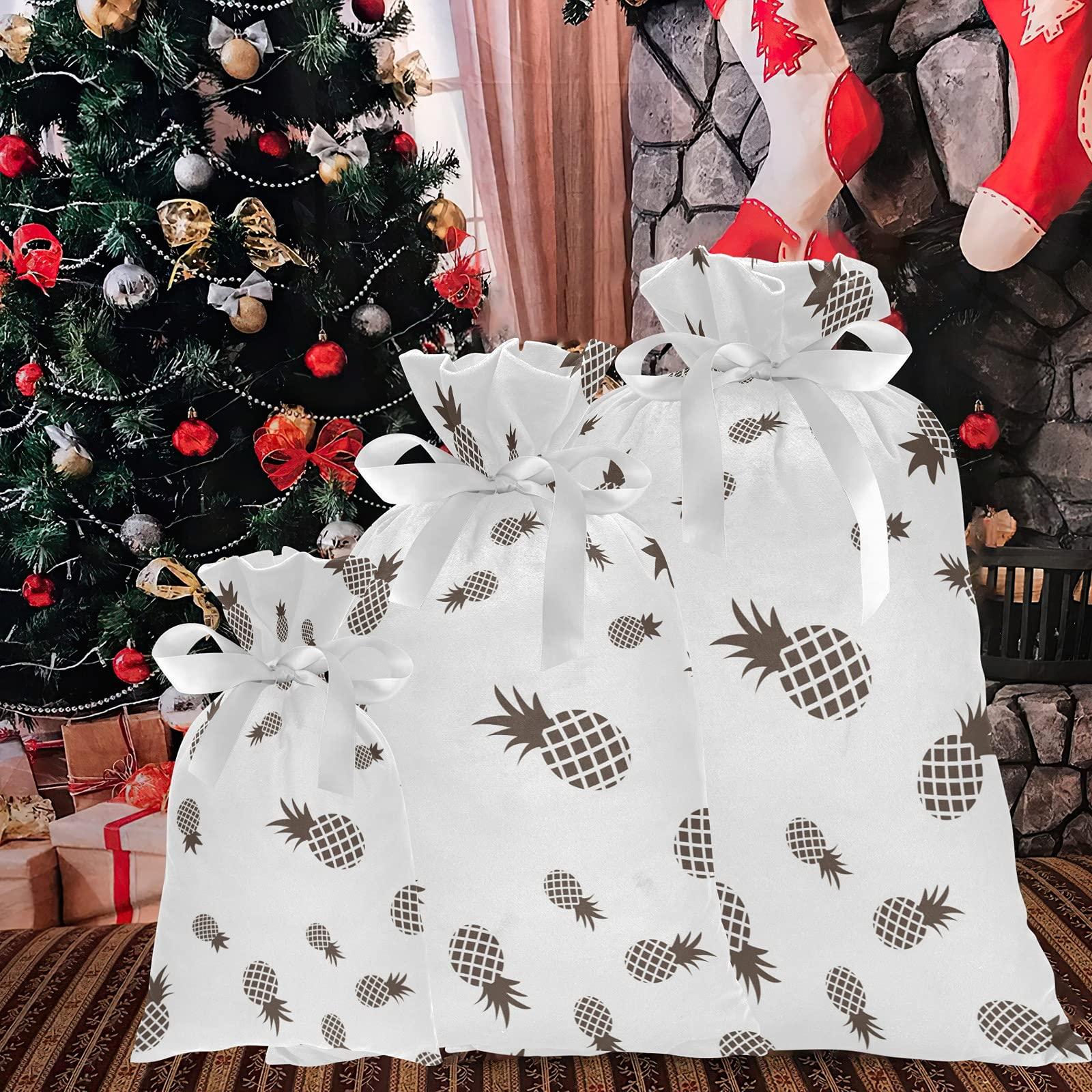 BEYODD Black and White Pineapple 3 Pack Christmas Gift Bags, Drawstring Xmas Bag, Gift Wrapper Bag for Holiday and Parties