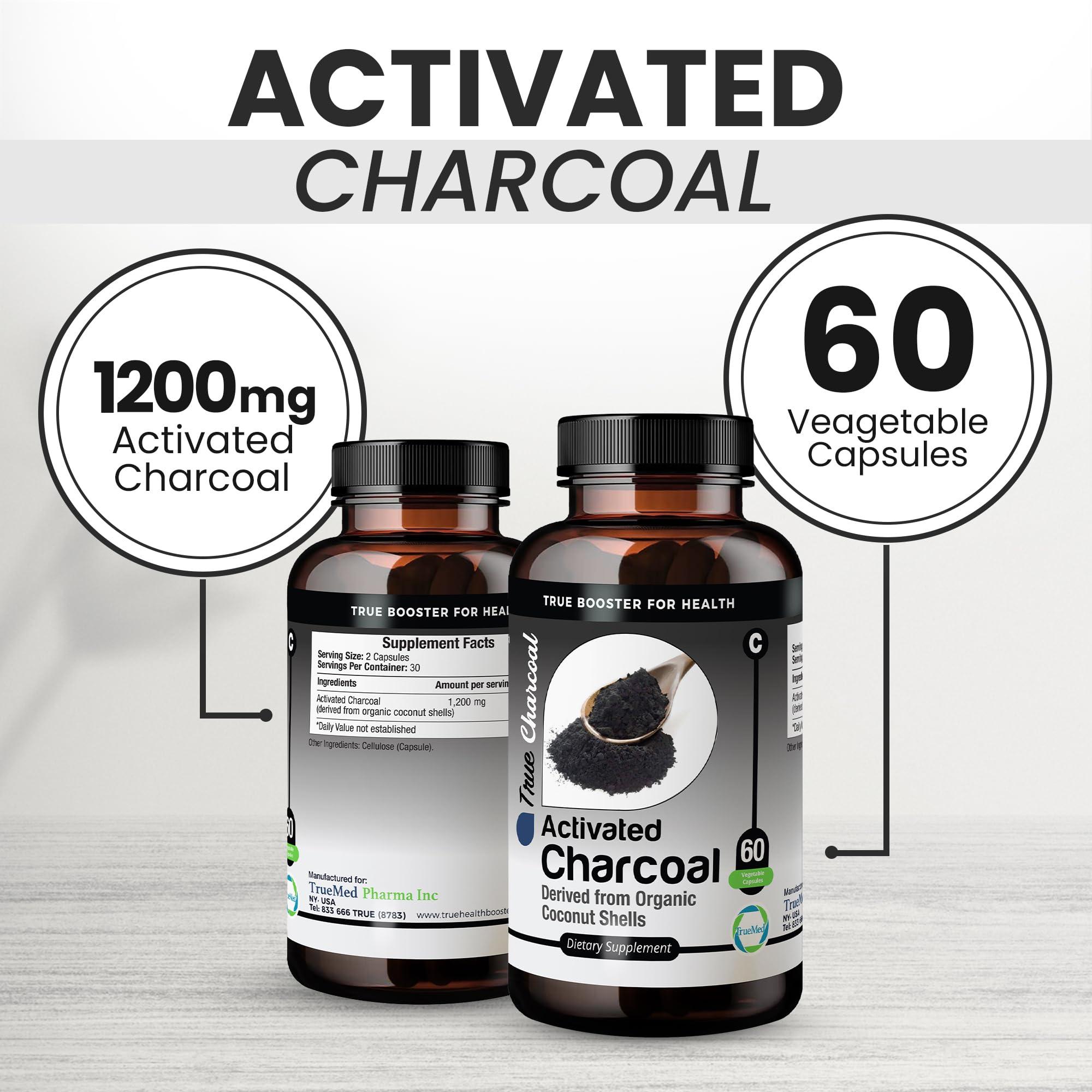 TRUEMED TRUEMED Activated Charcoal Organic Coconut Shell Derived Charcoal Capsule,1200mg, 60 Capsules, Support Detox & Digestive Health, Activated Charcoal Capsules for Health-Conscious Individuals