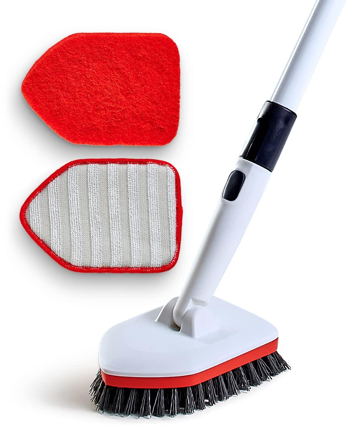 Moku Home Moku Home Shower Scrubber 3 in 1 Extendable Long Handle 58\" Cleaning Brush - Non Scratch Shower Brush for Cleaning Bathroom Kitchen Toilet Wall Tub Tile Sink (Red)