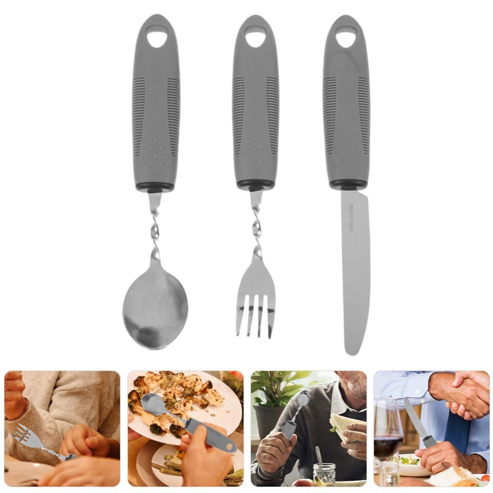 Baluue Adaptive Utensils: 3pcs Non-Weighted Elderly Angled Spoon Disabled Fork Cutter Non Slip Disabled Person Tablewares Built Up Utensils for Hand Elderly