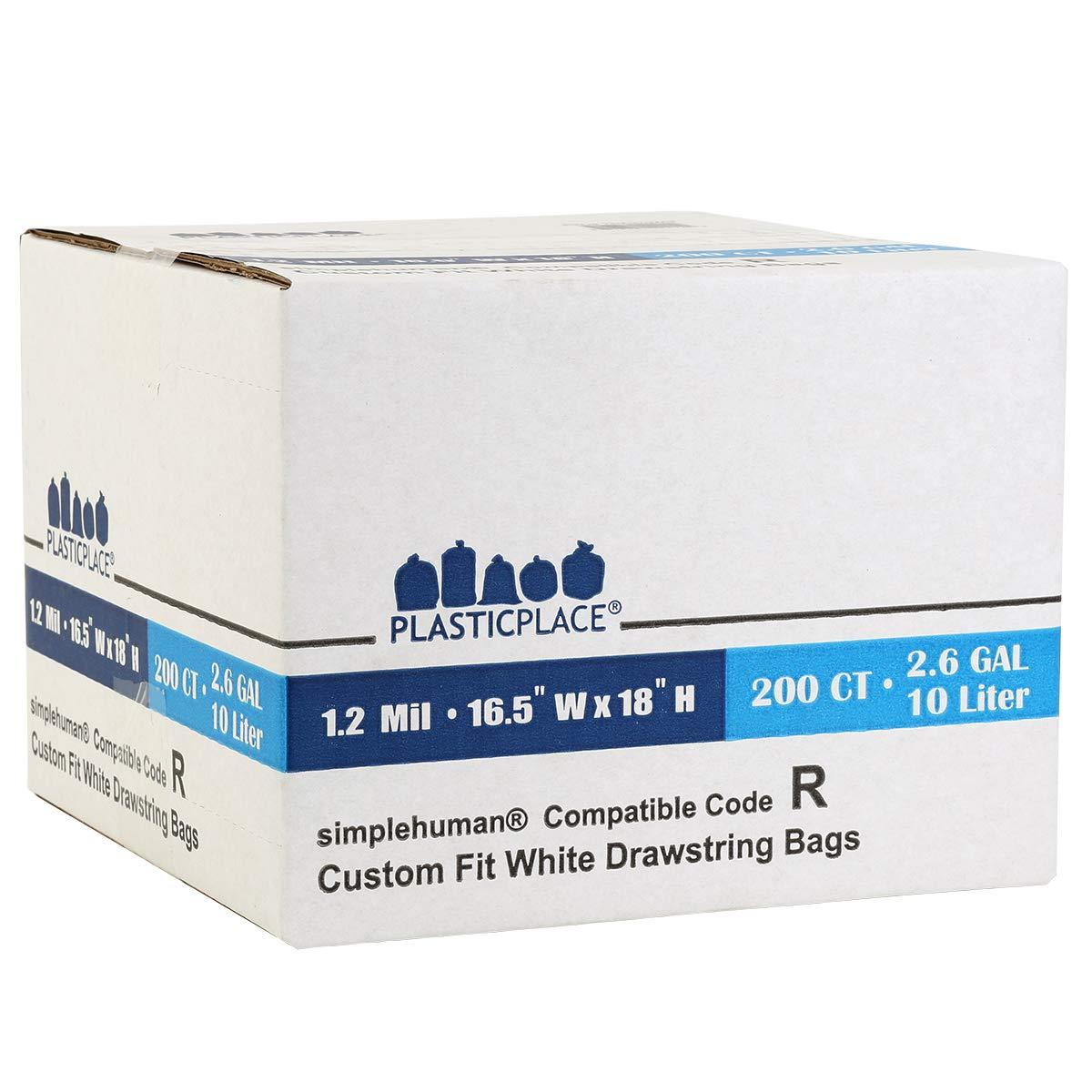 Plasticplace Plasticplace Custom Fit Trash Bags, Compatible with simplehuman Code R (200 Count) White Drawstring Garbage Liners 2.6 Gallon/ 10 Liter 16.5\" x 18\"