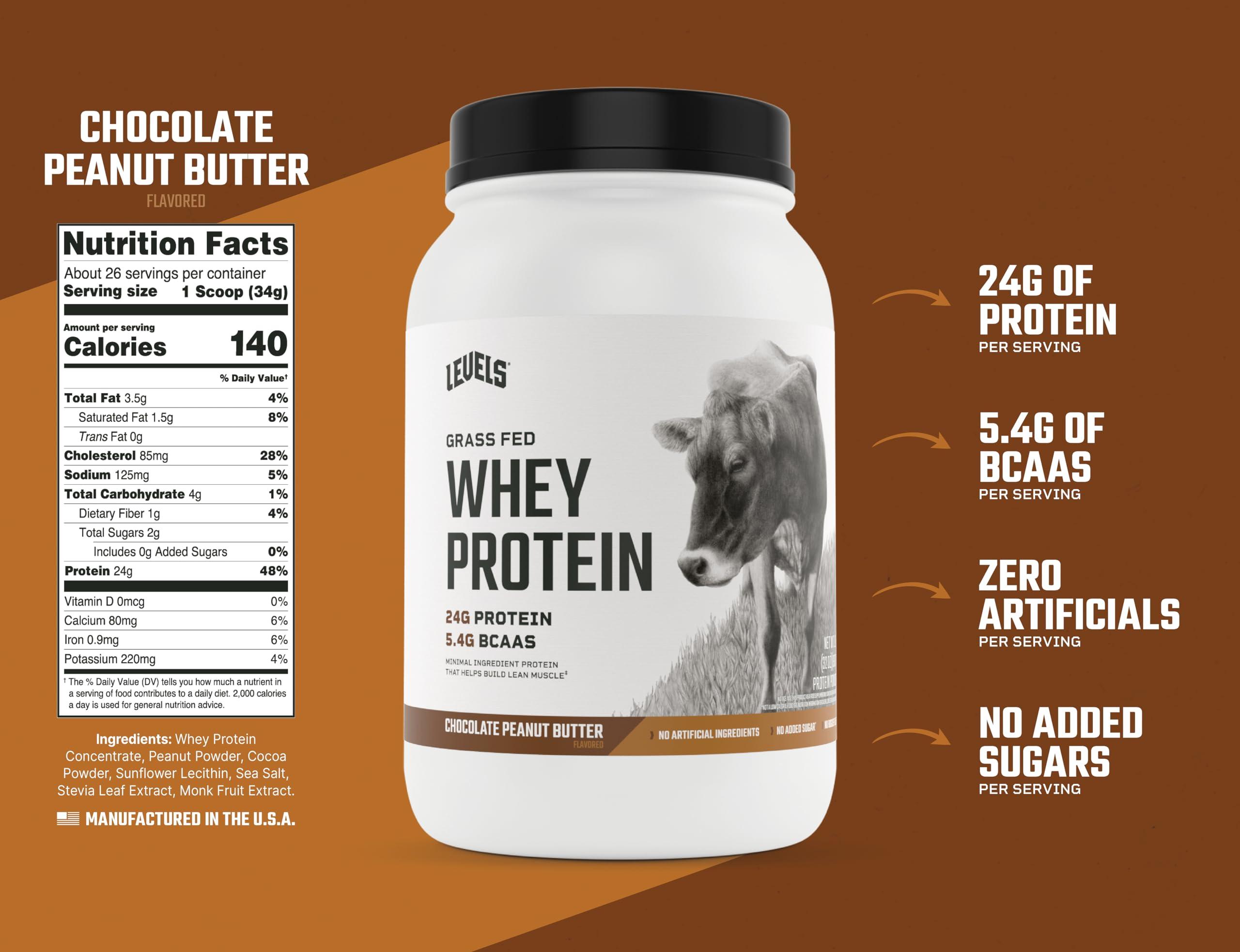 Levels Nutrition Levels Grass Fed Whey Protein, No Artificials, 24G of Protein, Chocolate Peanut Butter, 2LB