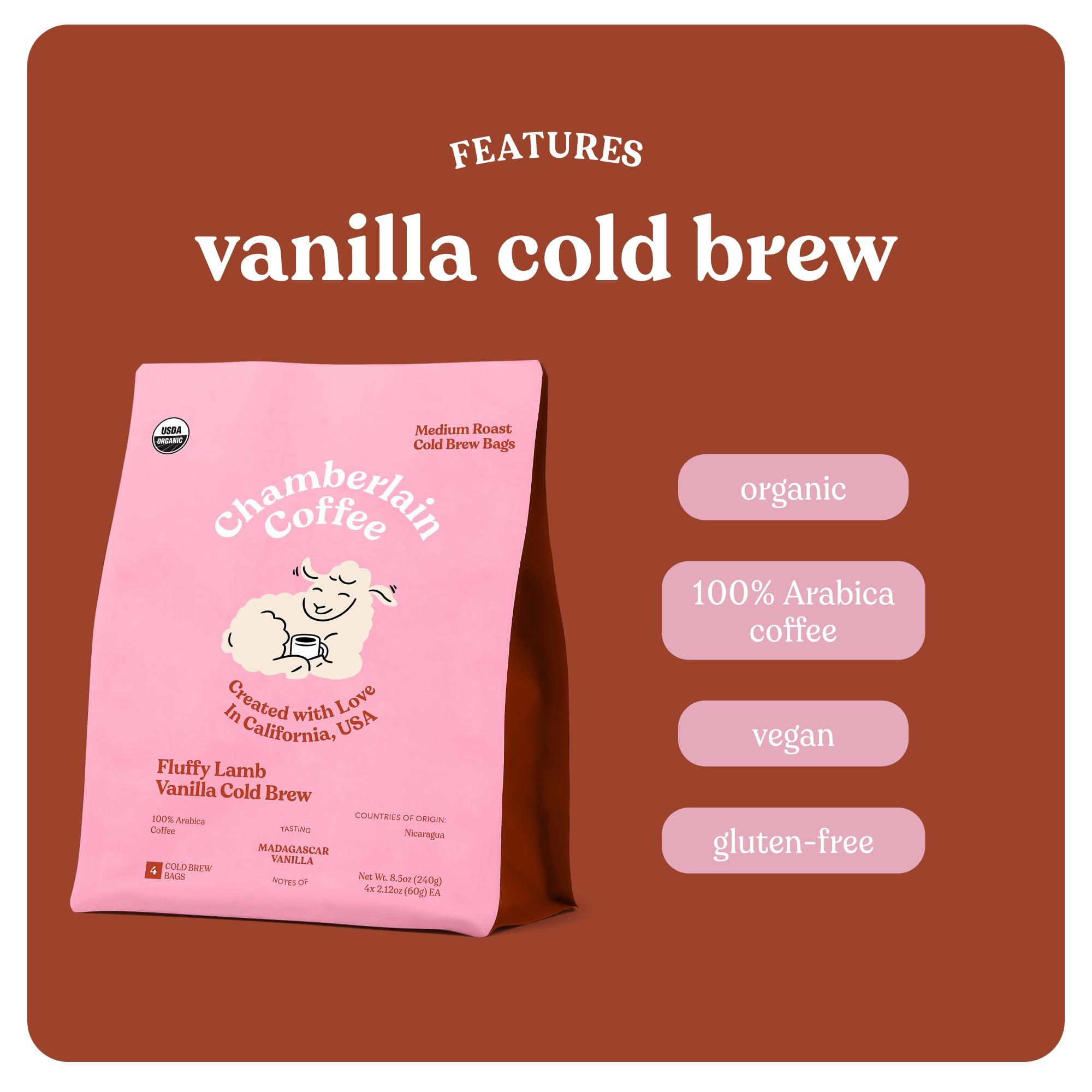 Chamberlain Coffee Chamberlain Coffee Fluffy Lamb Vanilla Cold Brew Bags - XL Cold Brew Bags - Premeasured, Ready to Brew, Cold Brew Coffee Packs - Contains 4 XL Cold Brew Bags, Makes 4 Cups of Coffee Per Bag