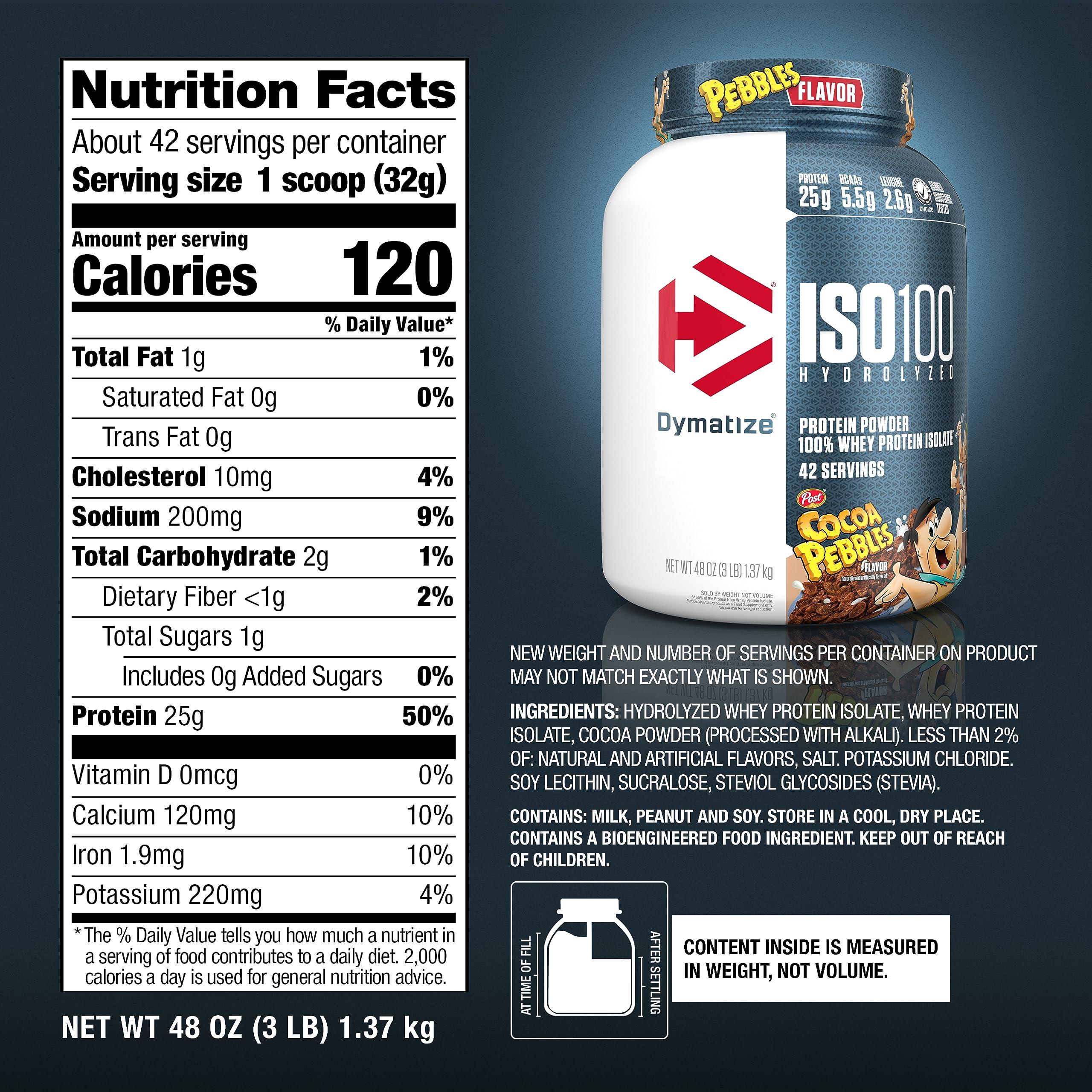 Dymatize Dymatize ISO100 Hydrolyzed Protein Powder, 100% Whey Isolate , 25g of Protein, 5.5g BCAAs, Gluten Free, Fast Absorbing, Easy Digesting, Cocoa Pebbles, 3 Pound
