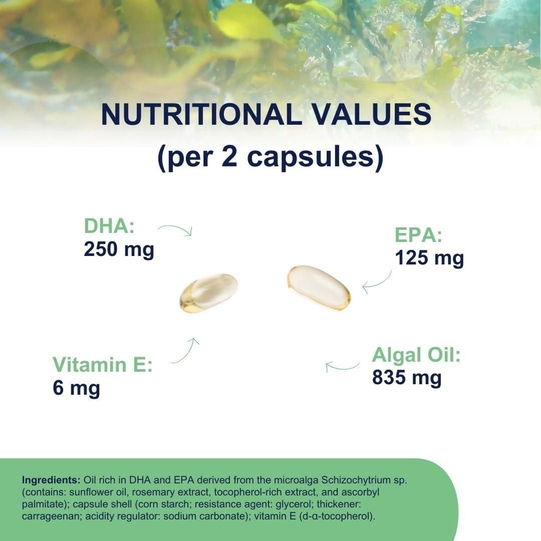 OMEGOR Omegor Veg Omega-3 Vegan (60 Capsules) Plant-Based Omega-3 Derived from Algal Oil, Enriched with Vitamin E Contains 250mg DHA and 125mg EPA per Capsule IFOS and Vegan Society Certified