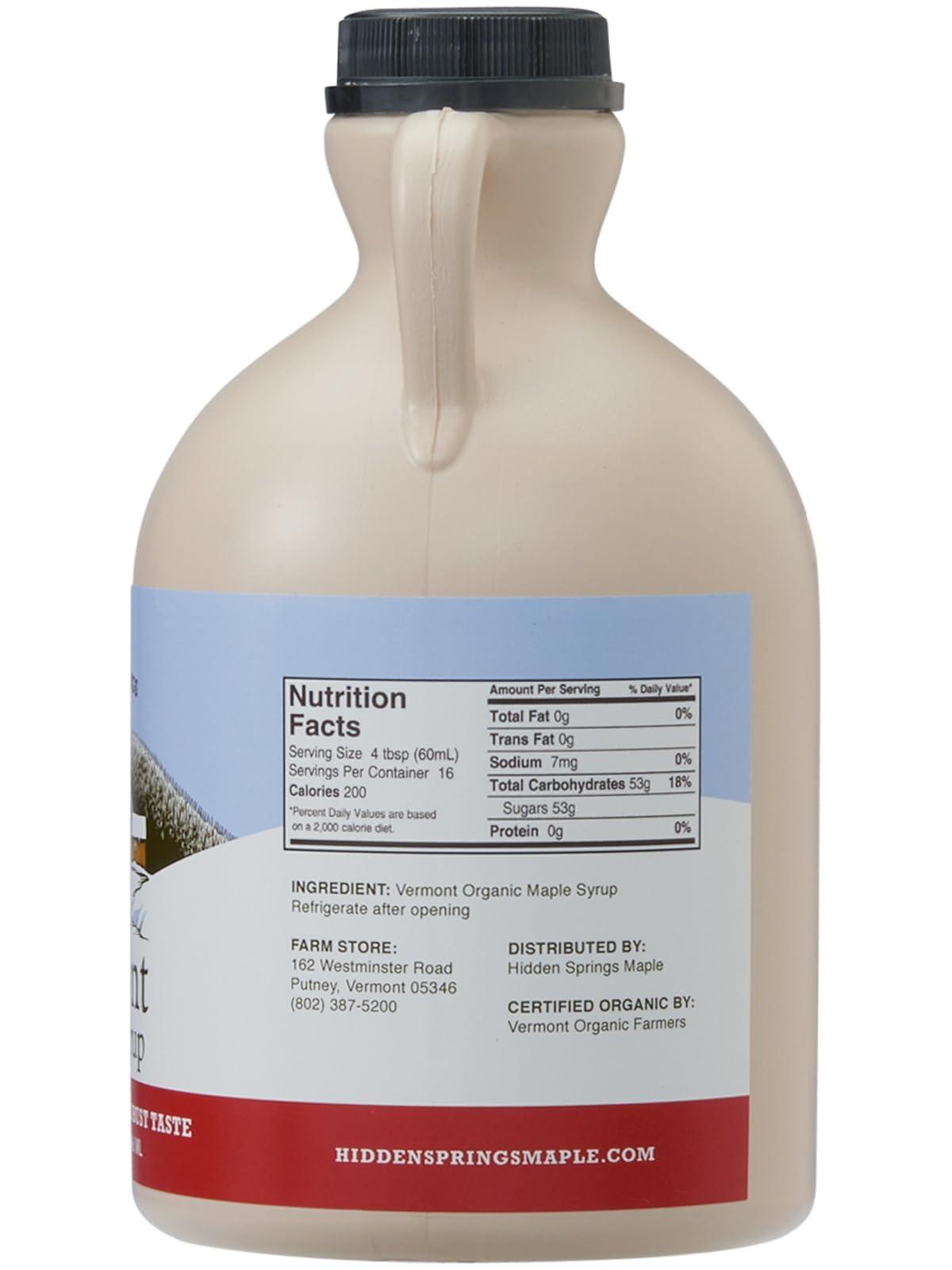 HIDDEN SPRINGS MAPLE Hidden Springs Maple Organic Vermont Maple Syrup, Grade A Dark Robust (Formerly Grade B), 32 Ounce, 1 Quart, Family Farms, BPA-free Jug