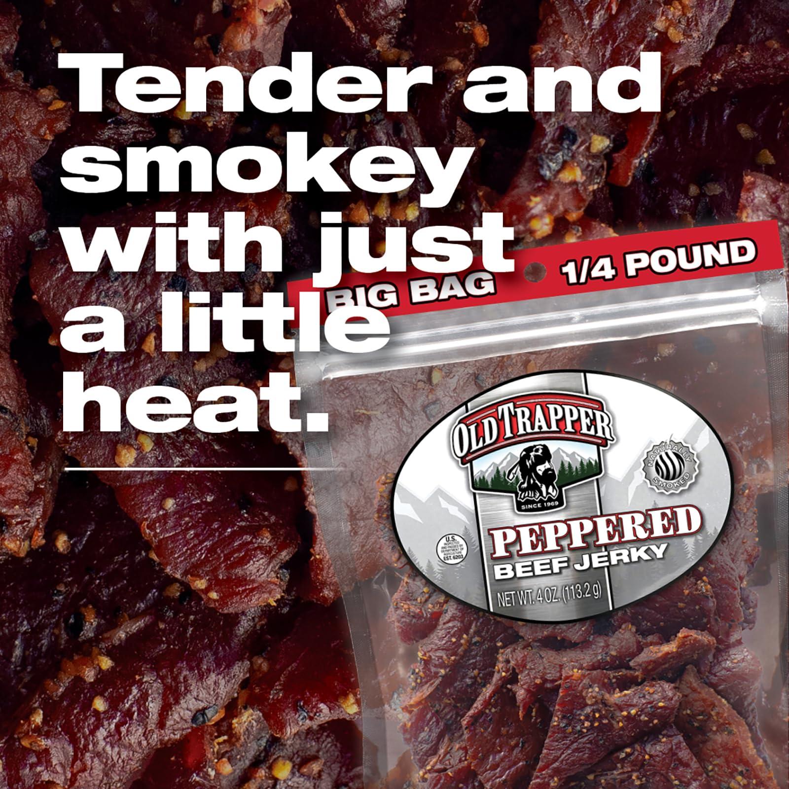 Old Trapper Old Trapper Beef Jerky, Peppered 1/4-Pound Individual Package, Spicy Meat Snacks for Lunches or Between Meals, 11 Grams of Protein, Zero Grams of Fat, 70 Calories per Serving (Pack of 8)