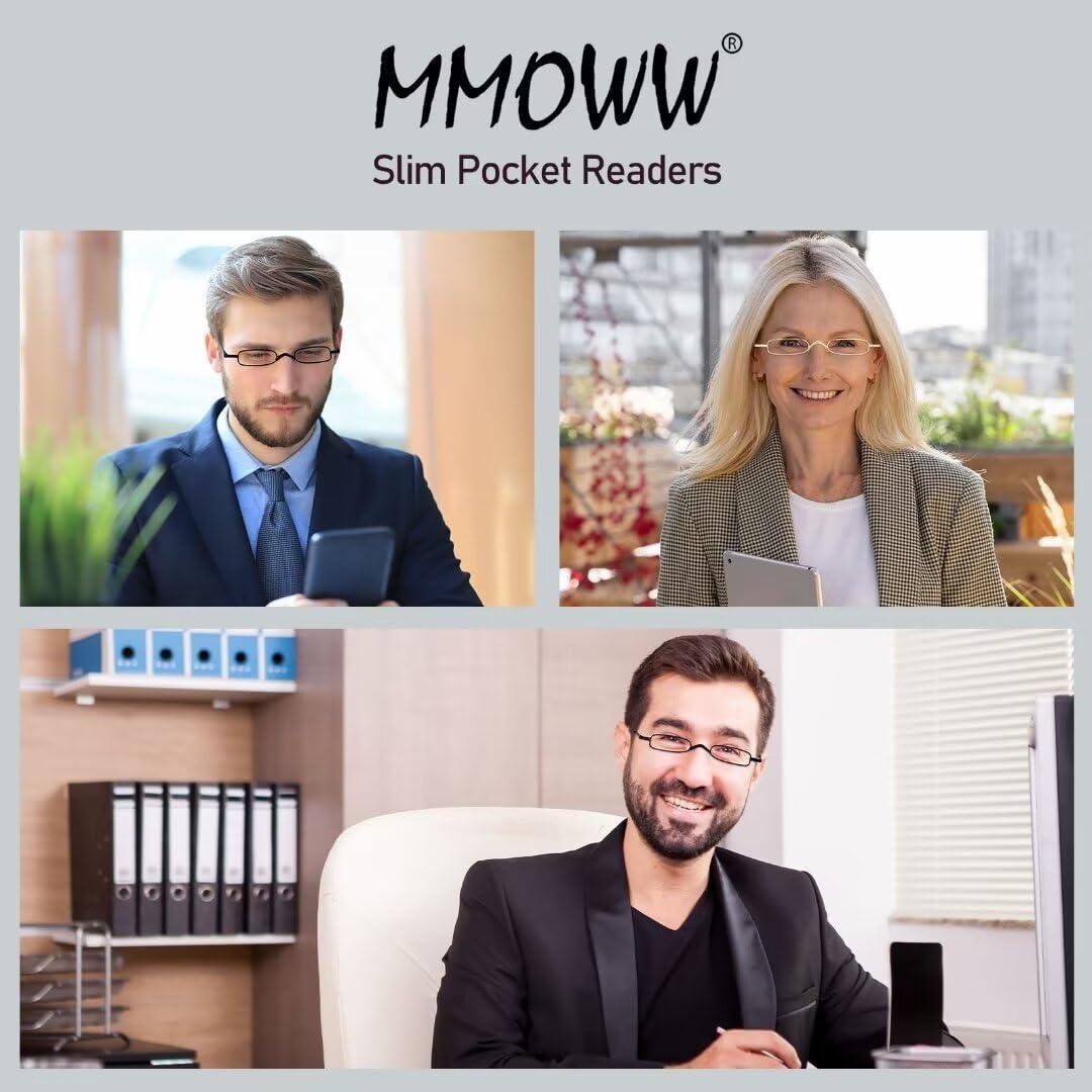 MMOWW Small Reading Glasses Men Women 4 Pairs Slim Pocket Readers with Pen Clip Metal Case Spring Hinge +2.5