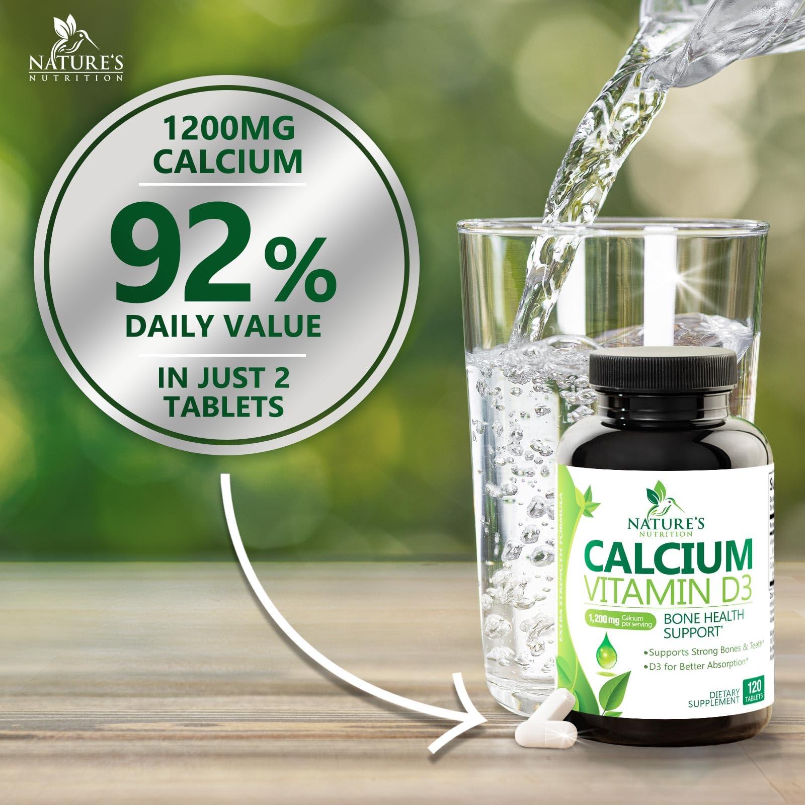 Nature's Nutrition Calcium 1200 mg with Vitamin D3, Calcium Supplement Vitamins, Supports Bone Strength, Teeth & Immune System, Calcium Supplements for Women & Men, Nature\'s Absorbable Calcium Carbonate - 120 Tablets