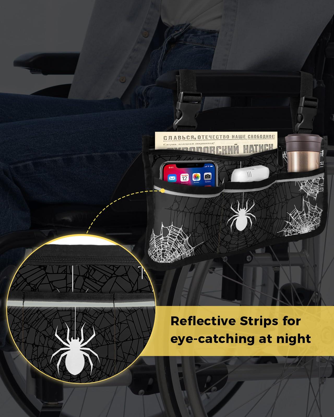 Sabolny Halloween,Wheelchair Side Bag, Wheelchair Walker Armrest Bags with Cup Holder & Reflective Stripes, Mobility Scooter Walker Rollator Wheelchair Accessories Black Grey Horror Watercolor