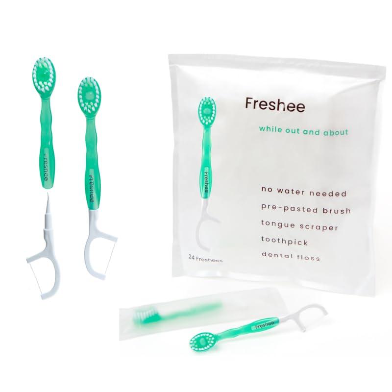Freshee Freshee 5 in 1 Disposable Mini Toothbrush with Toothpaste + Floss + Pick + Tongue Scraper | Travel Size | Individually Wrapped | Soft | Mint | Travel Set | Oral Care