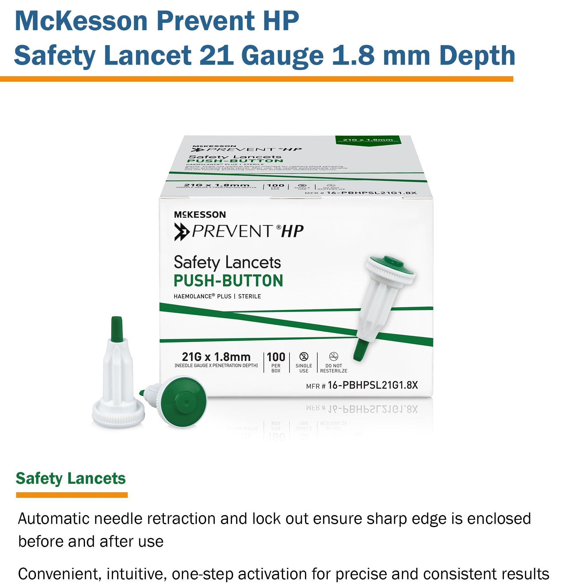 McKesson McKesson Prevent HP Safety Lancet, Auto Retracting with Push Button Activation, 21 Gauge, 1.8 mm Depth, Sterile, Green, 100 Count, 1 Pack