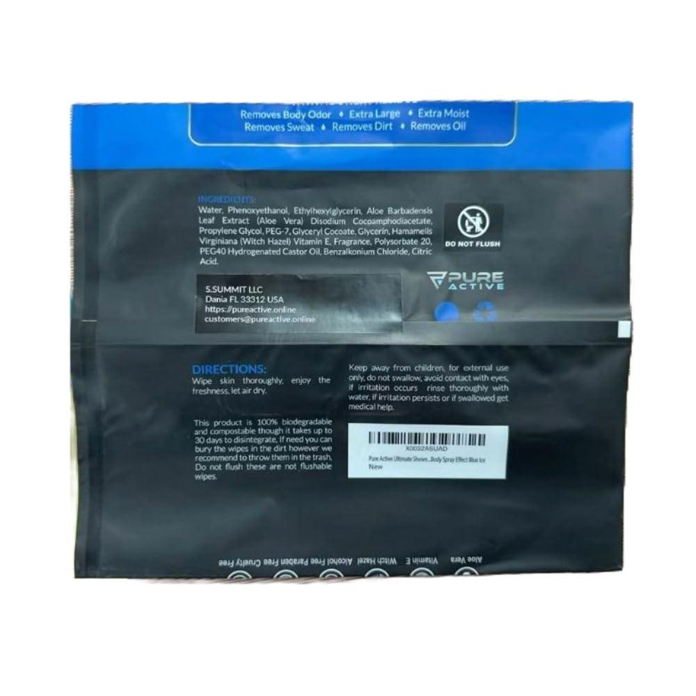 Pure Active Pure Active XXL Body Wipes for Face and Body, Deodorizing Men\'s Shower Wipes for Camping, Travel, and After Workout, 12x12 Blue Ice Scented 30 Pack