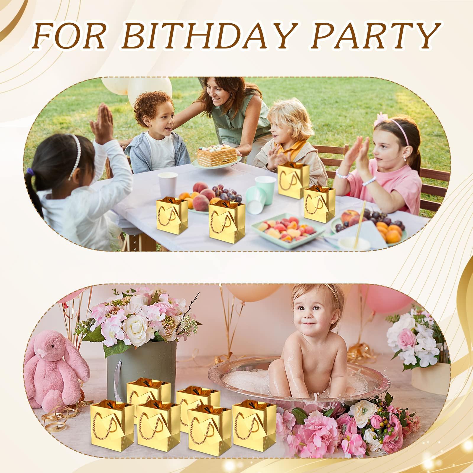 Nuanchu Nuanchu 50 Pcs Mini Gift Bags Bulk, 4 x 2.75 x 4.5 Inch Paper Bags with Gift Tags, Extra Small Metallic Paper Totes with Handles for Birthday Weddings Baby Showers Party Favors Gifts (Gold)