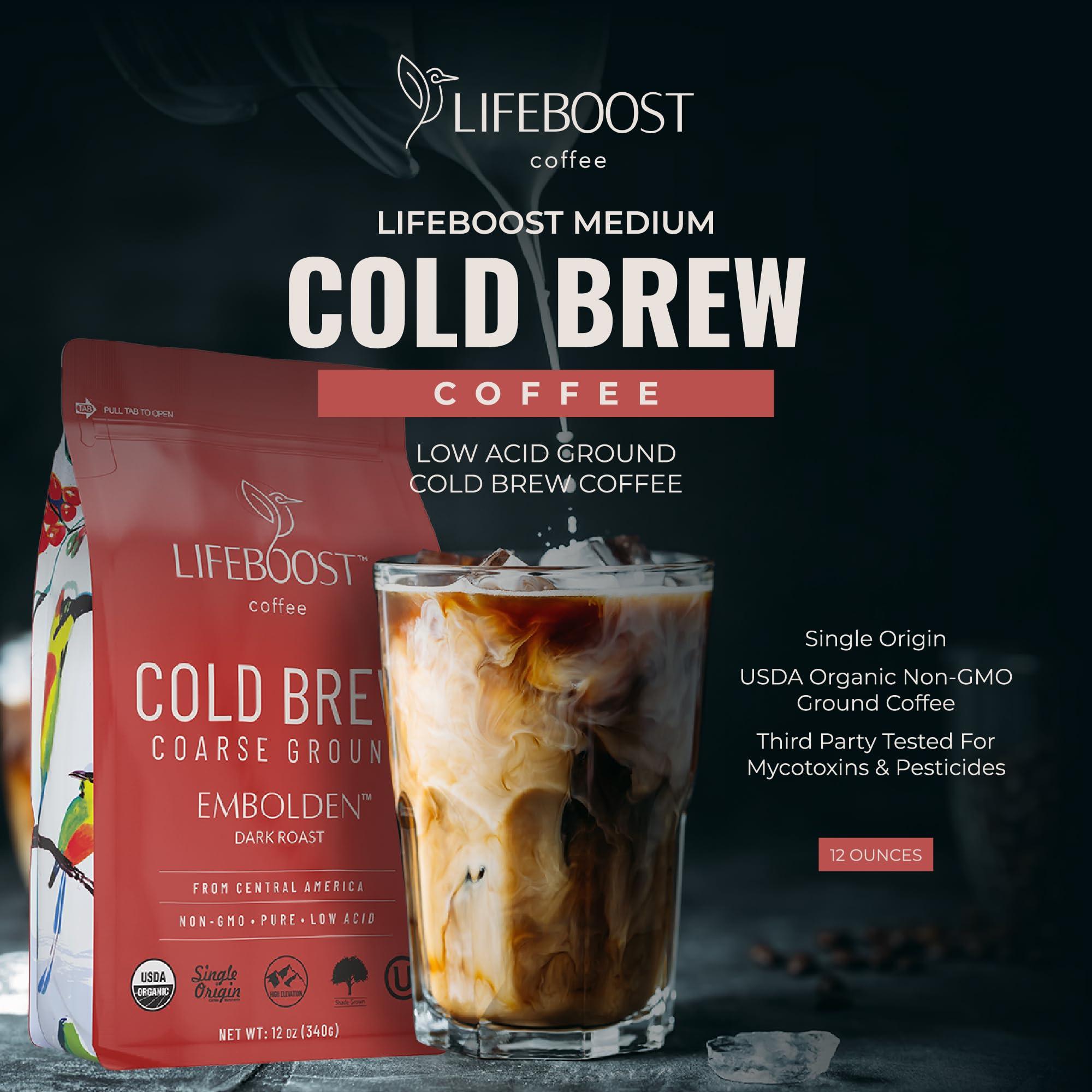 LIFEBOOST Lifeboost Dark Cold Brew Coffee - Low Acid Coarse Ground Coffee for Cold Brew - Single Origin Non-GMO USDA Organic Cold Brew Coffee Grounds - 3rd Party Tested For Mycotoxins & Pesticides - 12 Ounces