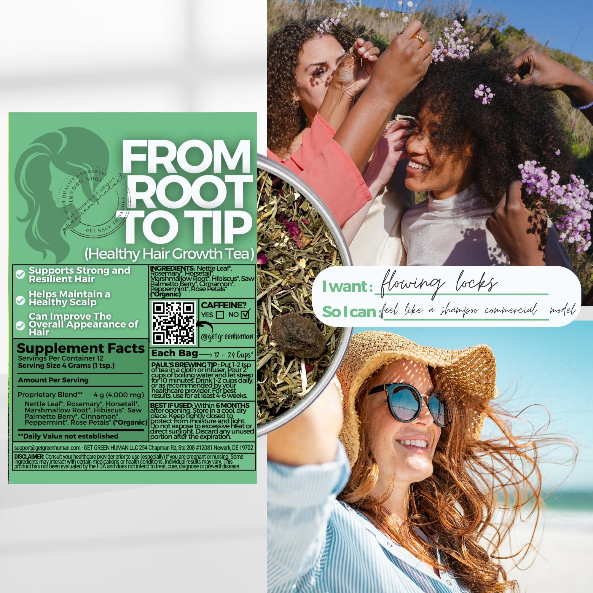 Get Green, Human Healthy Hair Growth Loose Leaves Tea w/ Horsetail, Nettle Leaf, Rosemary For Strong Resilient Hair & Scalp | Organic Herbal Tea | 2 oz (57 gram) | Decaf, Vegan, Healthy, No Caffeine, Herbs, ZERO