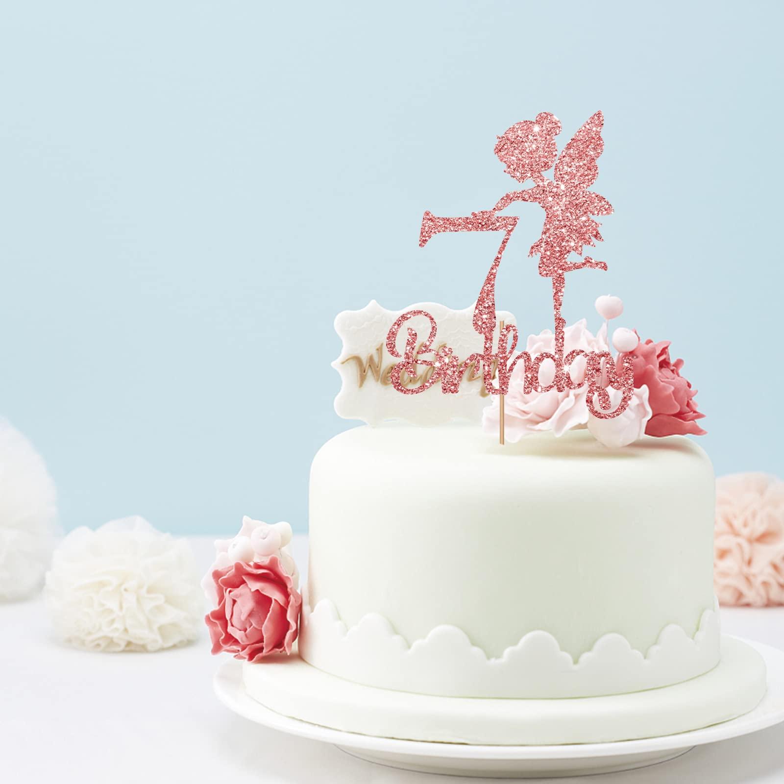 ANNATZQ Rose Gold Fairy Happy 7th Birthday Cake Topper, Fairy Seven Sign Cake Topper, Girl\'s Birthday/7th Anniversary Party Decorations Supplies