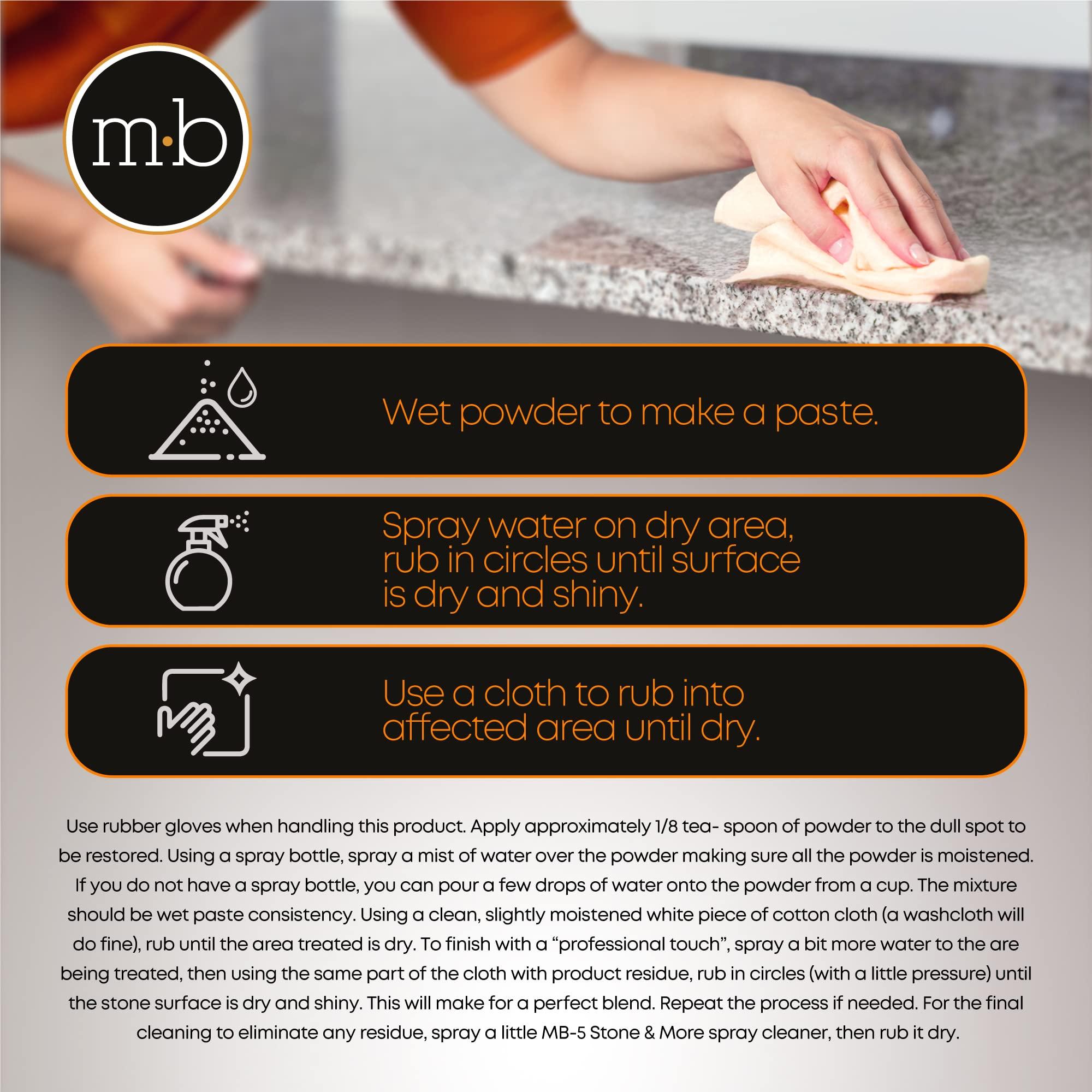 MB Stone Care MB-11 Marble Polishing Powder with Microfiber Cloth and Gloves - Spot Polish Water Stains, Rings or Etches to Restore Marble, Travertine, Limestone or Onyx