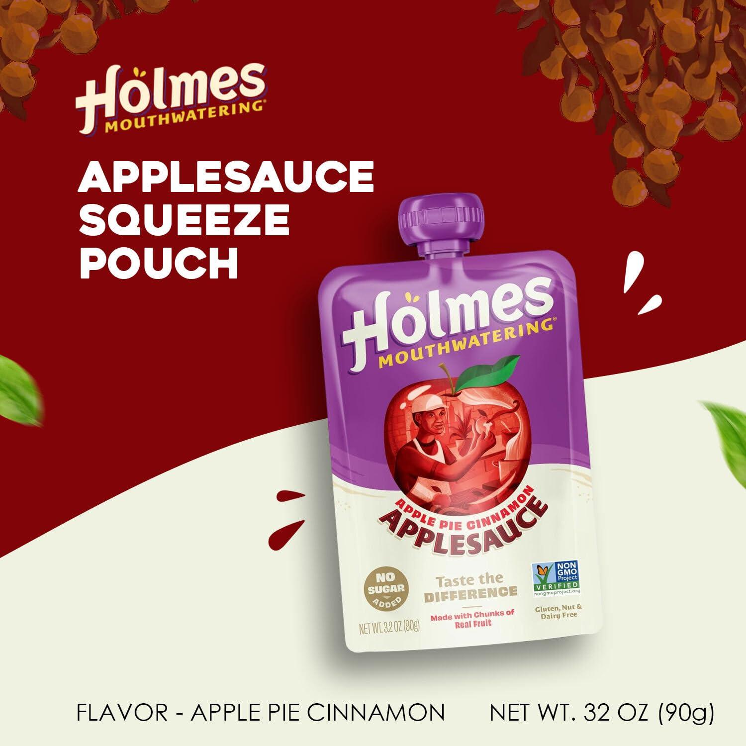 Holmes Mouthwatering Applesauce Squeeze Pouch, Organic Cinnamon Applesauce Pouches with Real Chunks of Fruit, No Artificial Flavors Fruit Snack (Apple Pie Cinnamon, 12 Pack of 3.2 oz)