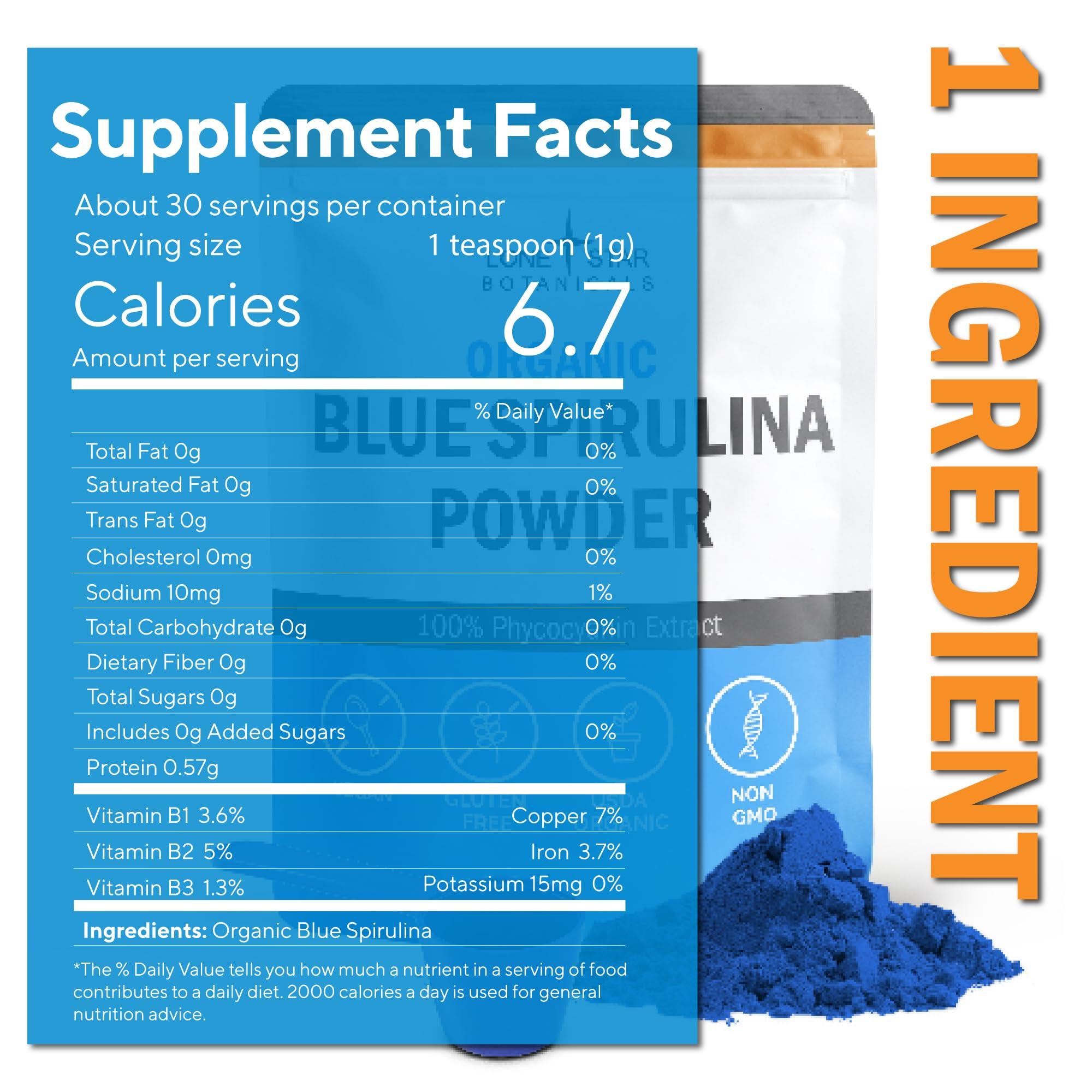 Lone Star Botanicals Organic Blue Spirulina Powder - 100% Pure Superfood Blue-Green Algae, No Fishy Smell, Natural Food Coloring for Smoothies & Protein Drinks - Non GMO, Gluten-Free, Vegan + USDA Certified, 60 Servings