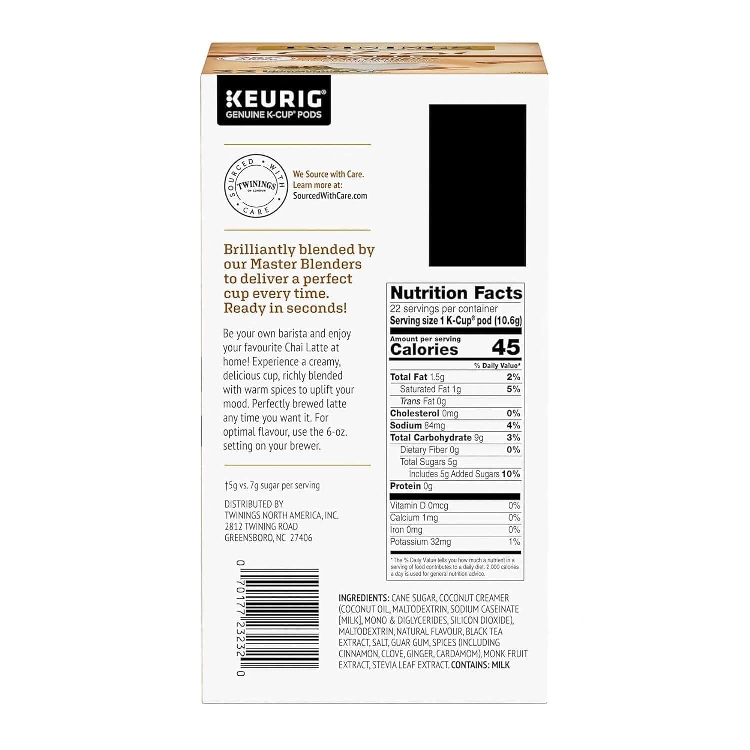 Twinings Twinings Chai Latte Black Tea Single Serve K-Cup Pods, 22 Count (Pack of 3) Creamy, Slightly Sweet, Less Sugar, Caffeinated, Enjoy Hot or Iced