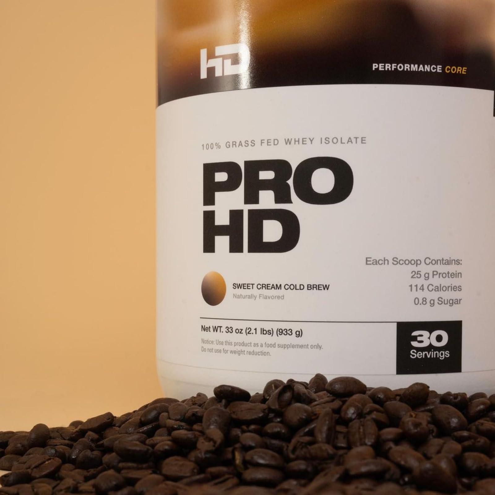 HD MUSCLE HD MUSCLE ProHD Protein | 100% Grass Fed Whey Isolate | 25g Protein, 114 Calories, 0g Fat | Zero Fillers or Amino Spiking | 30 Servings (Sweet Cream Cold Brew)