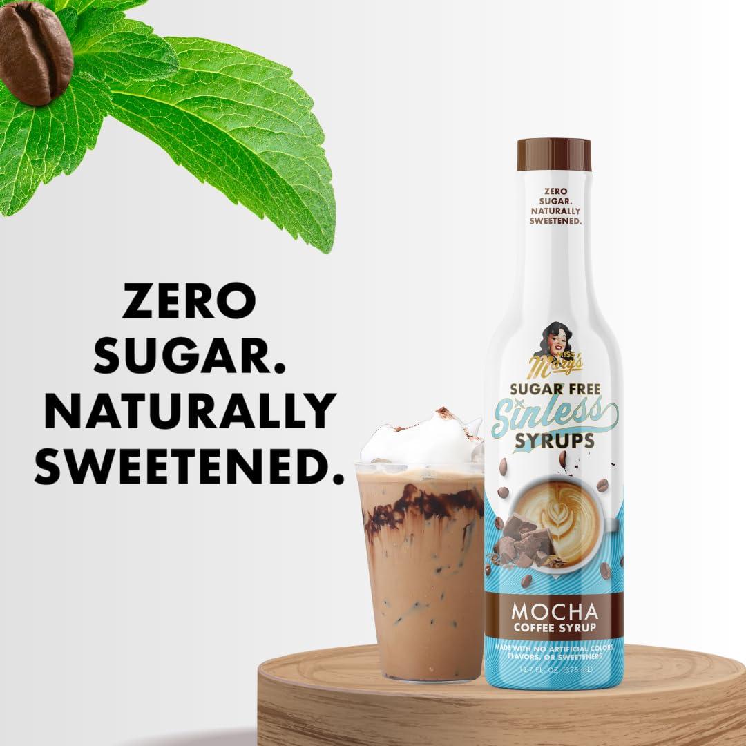 Miss Mary's Sugar Free Sinless Syrups Sugar Free Mocha Sinless Syrup - Sugar Free Coffee Syrup, Hot or Iced Coffee, No Sugar, Keto Friendly, Plant Based, Natural & Organic Ingredients, No Artificial Sweetener, Mocha, 1 Pack