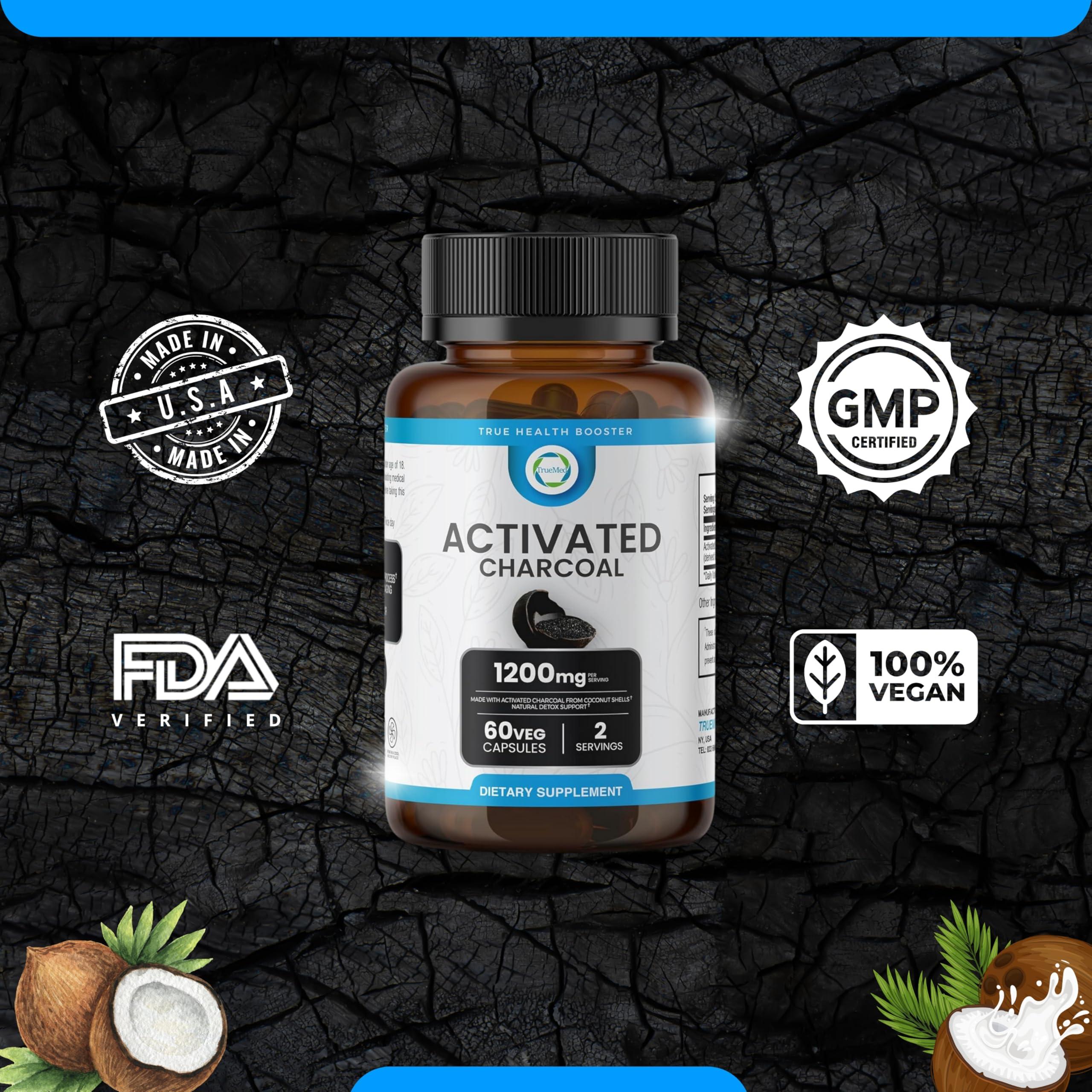 TRUEMED TRUEMED Activated Charcoal Organic Coconut Shell Derived Charcoal Capsule,1200mg, 60 Capsules, Support Detox & Digestive Health, Activated Charcoal Capsules for Health-Conscious Individuals