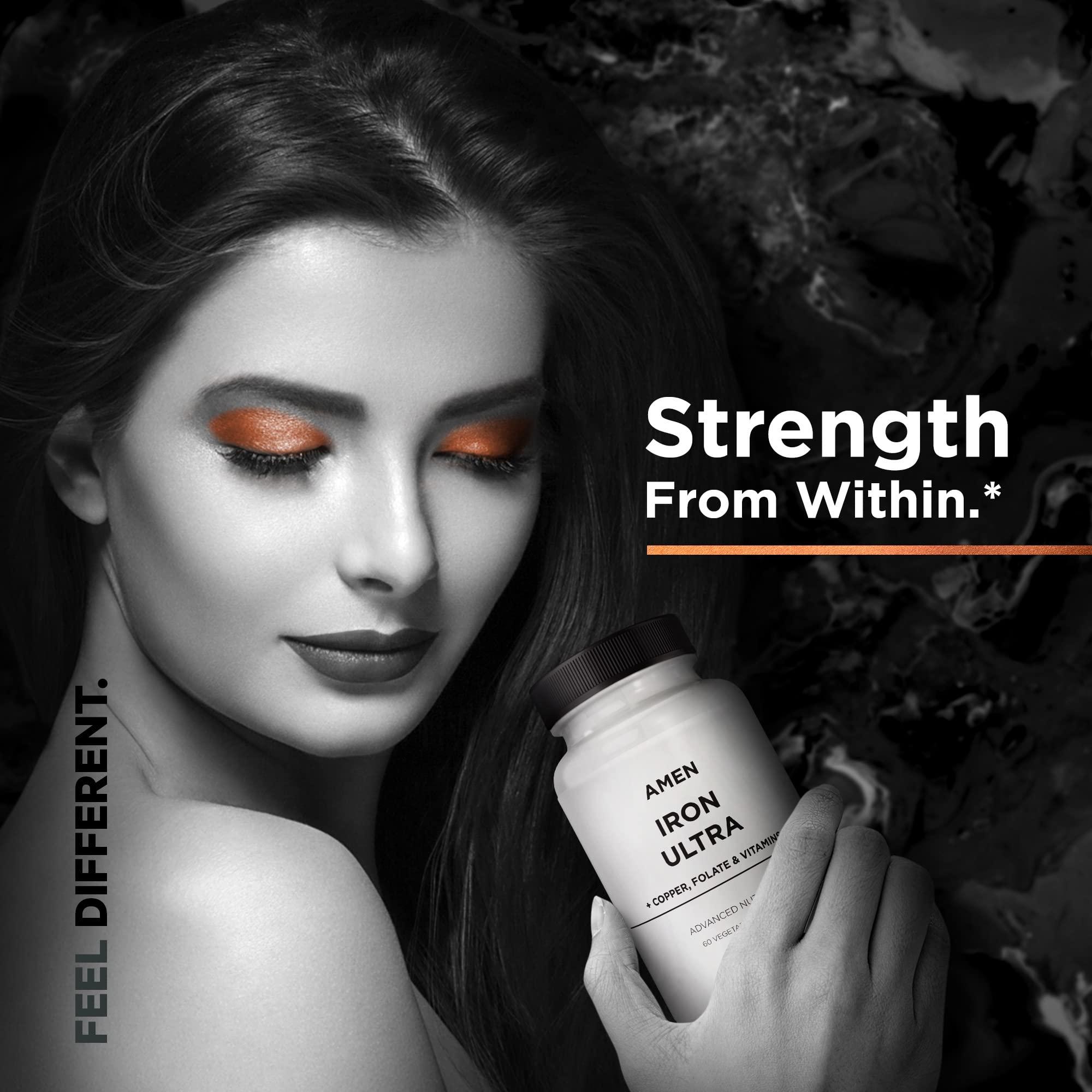 Amen Amen Iron Ultra Supplement + Copper, Folate, Vitamin C and Vitamin B12-2-Month Supply - Ferrous Sulfate Iron Vitamin - Iron 65mg Per Serving - Iron Folic Acid - Non-GMO Iron Pills - 60 Capsules