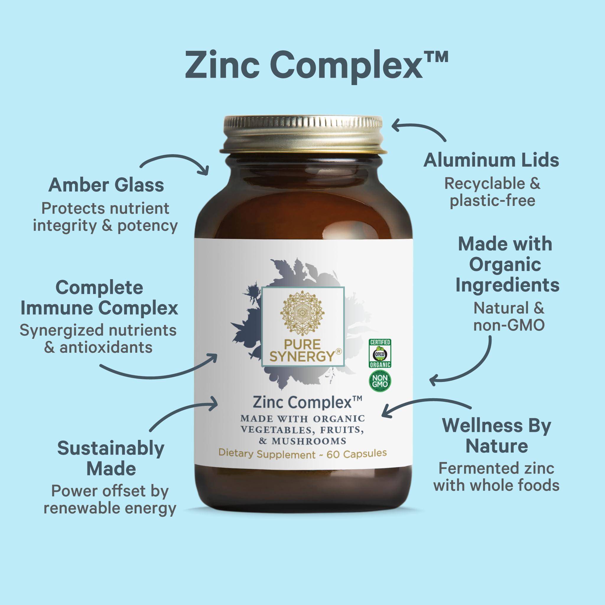 PURE SYNERGY PURE SYNERGY Zinc Complex | Zinc Immune Support Supplement | Natural, Vegan Zinc Complex with Vitamin C and Organic Whole Foods | for Immune, Brain, and Skin Health (60 Capsules)