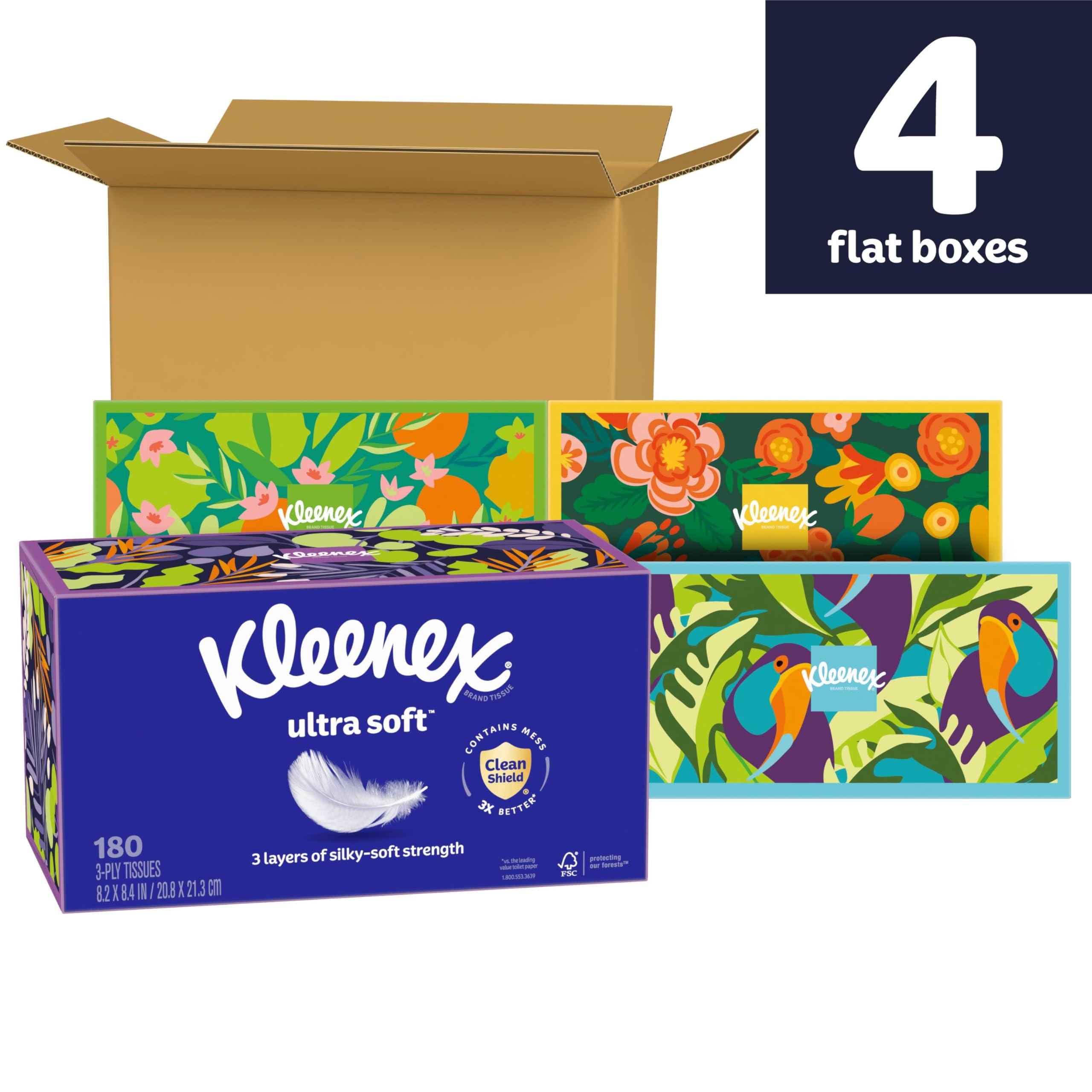 Kleenex Kleenex Ultra Soft Facial Tissues, 4 Flat Boxes, 180 Tissues per Box, 3-Ply, Packaging May Vary