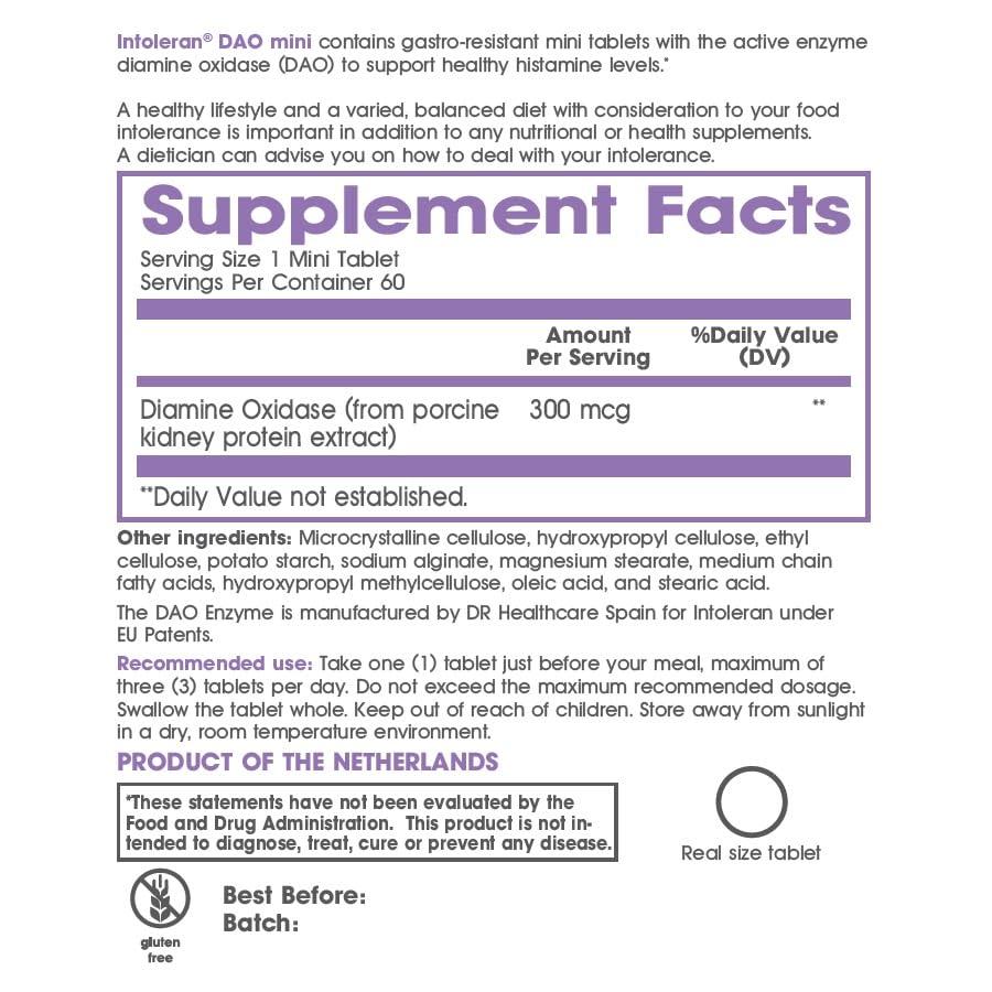 Intoleran Intoleran DAO Mini Digestive Enzymes - 60 Tablets | Supplement for Histamine Intolerance & DAO Deficiency | Healthy Histamine Levels | 30,000 HDU Pure Diamine Oxidase (DAO) Enzyme | Coated