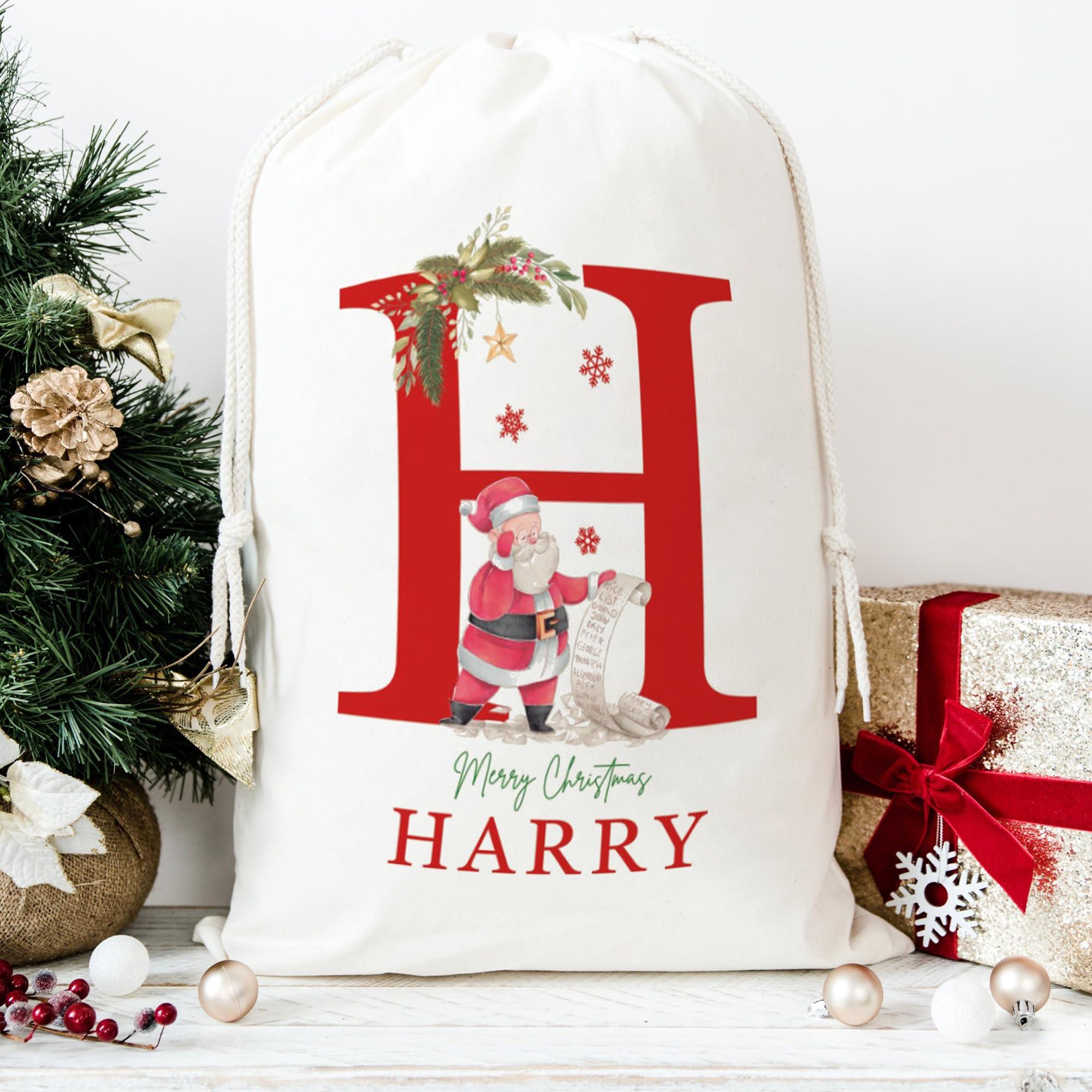 Magic Lunar Set of 4 - Personalized Santa Sack with Initial & Name for Kids Custom Christmas Gift Bags for Holiday Presents Christmas Eve Box Large Sack Bags