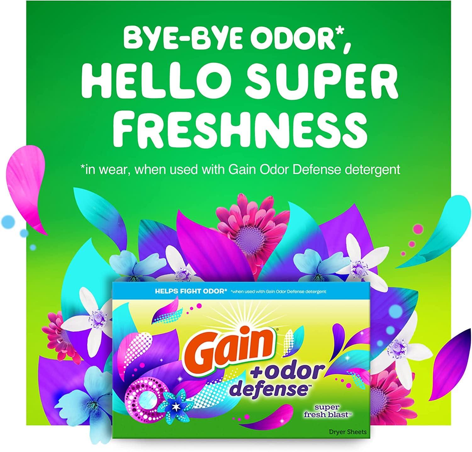 Gain Gain + Odor Defense Dryer Sheets, Super Fresh Blast Scent Fabric Softener Sheets, 240 ct (Pack of 2)