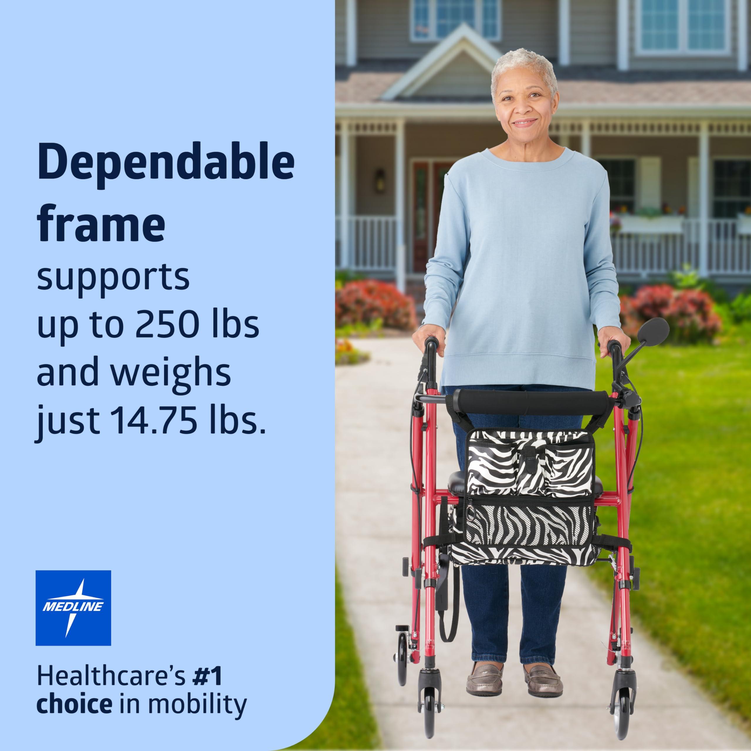 Medline Medline Posh Premium Lightweight, Foldable, Aluminum Rollator Walker with Wheels, Water Resistant, Zebra Print Bag, Pink, 6 Inch