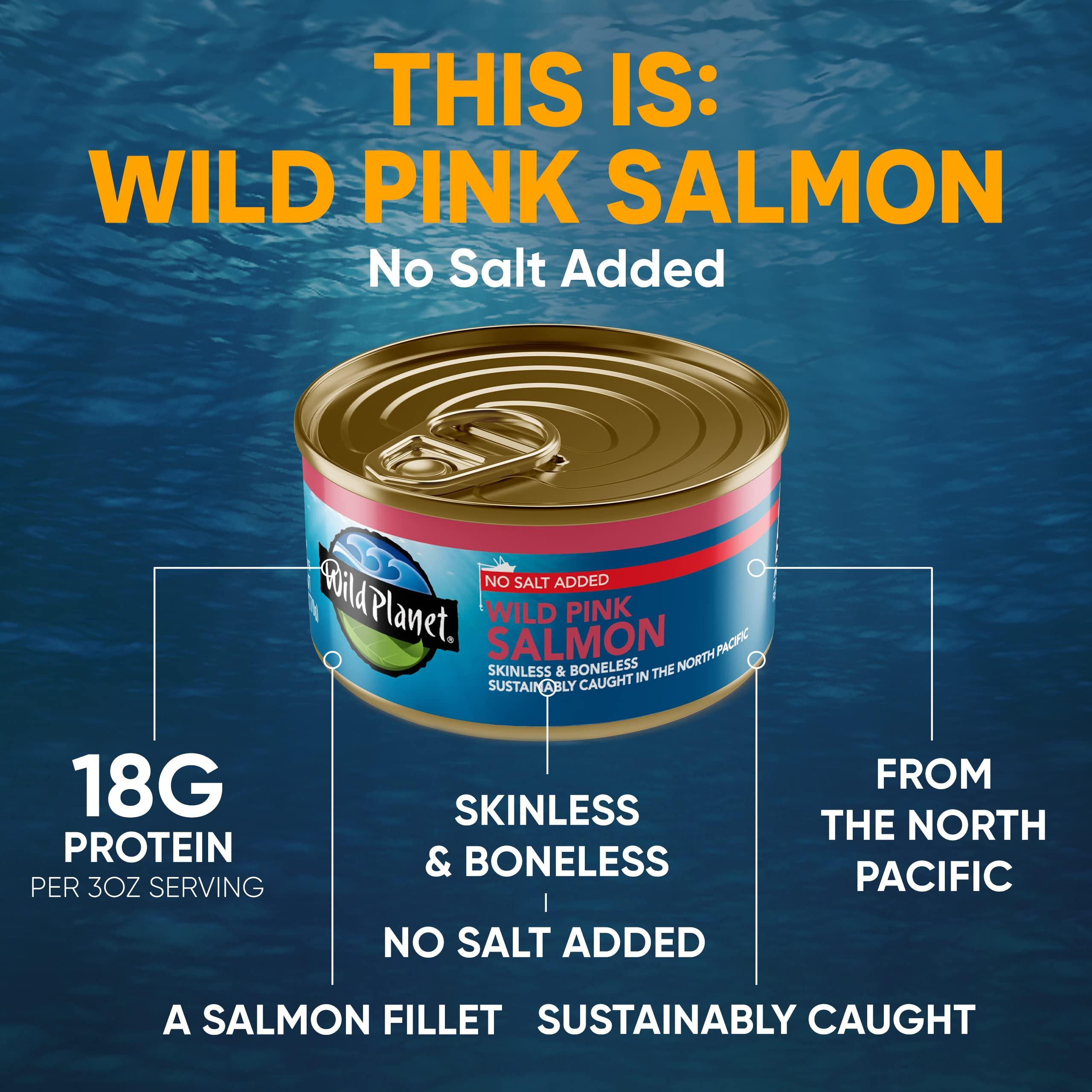Wild Planet Wild Planet Wild Pink Salmon, Skinless Boneless, No Salt Added, Tinned Fish, Canned Salmon, Sustainably Caught, Non-GMO, Kosher, Gluten Free, Keto and Paleo, 6 Ounce (Pack of 12)