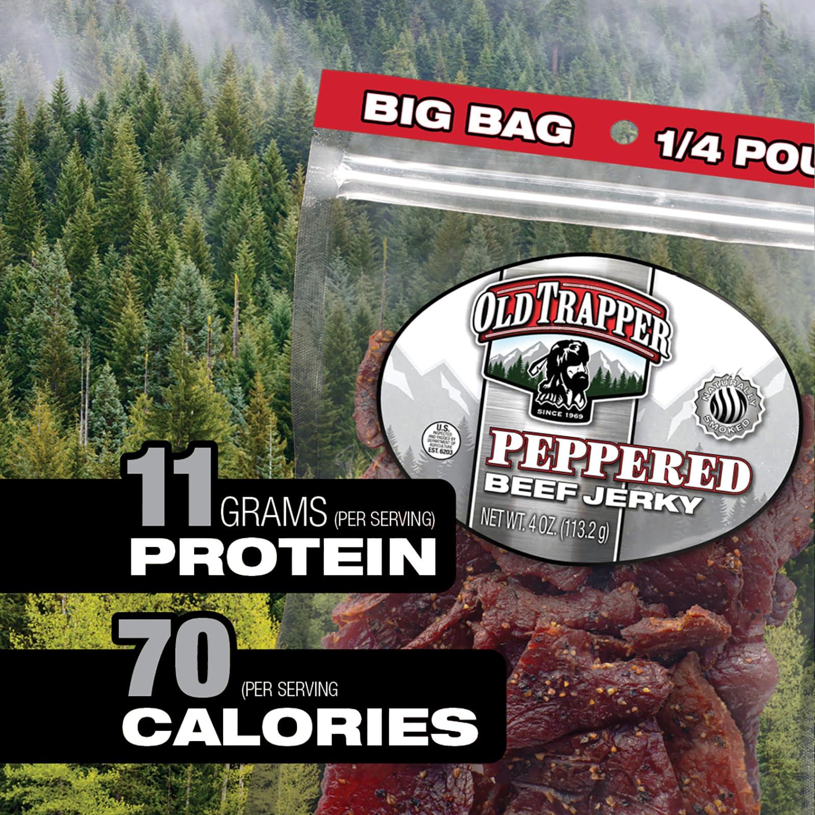 Old Trapper Old Trapper Beef Jerky, Peppered 1/4-Pound Individual Package, Spicy Meat Snacks for Lunches or Between Meals, 11 Grams of Protein, Zero Grams of Fat, 70 Calories per Serving (Pack of 8)