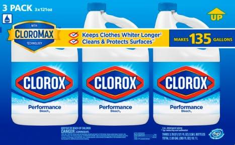 Clorox Clorox Bleach Liquid Cleaner for Laundry and Bathroom, HE Performance Bleach, 121 oz. Bottle 3 Pack, Wholesalehome Reusable Cleaning Glove and Cloth Included