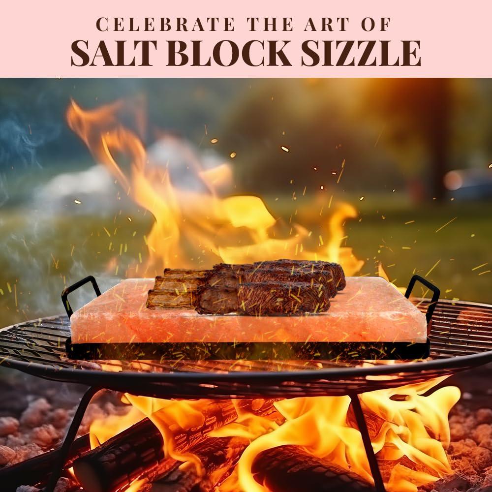 POHS POHS Himalayan Pink Rock Salt Block For Grilling, Searing, Cooking, BBQ, Hot and Cold Serving | Himalayan Salt Slab with Premium Quality Metal Holder (M.S Holder 12 x 8 x 1.5 Inches)