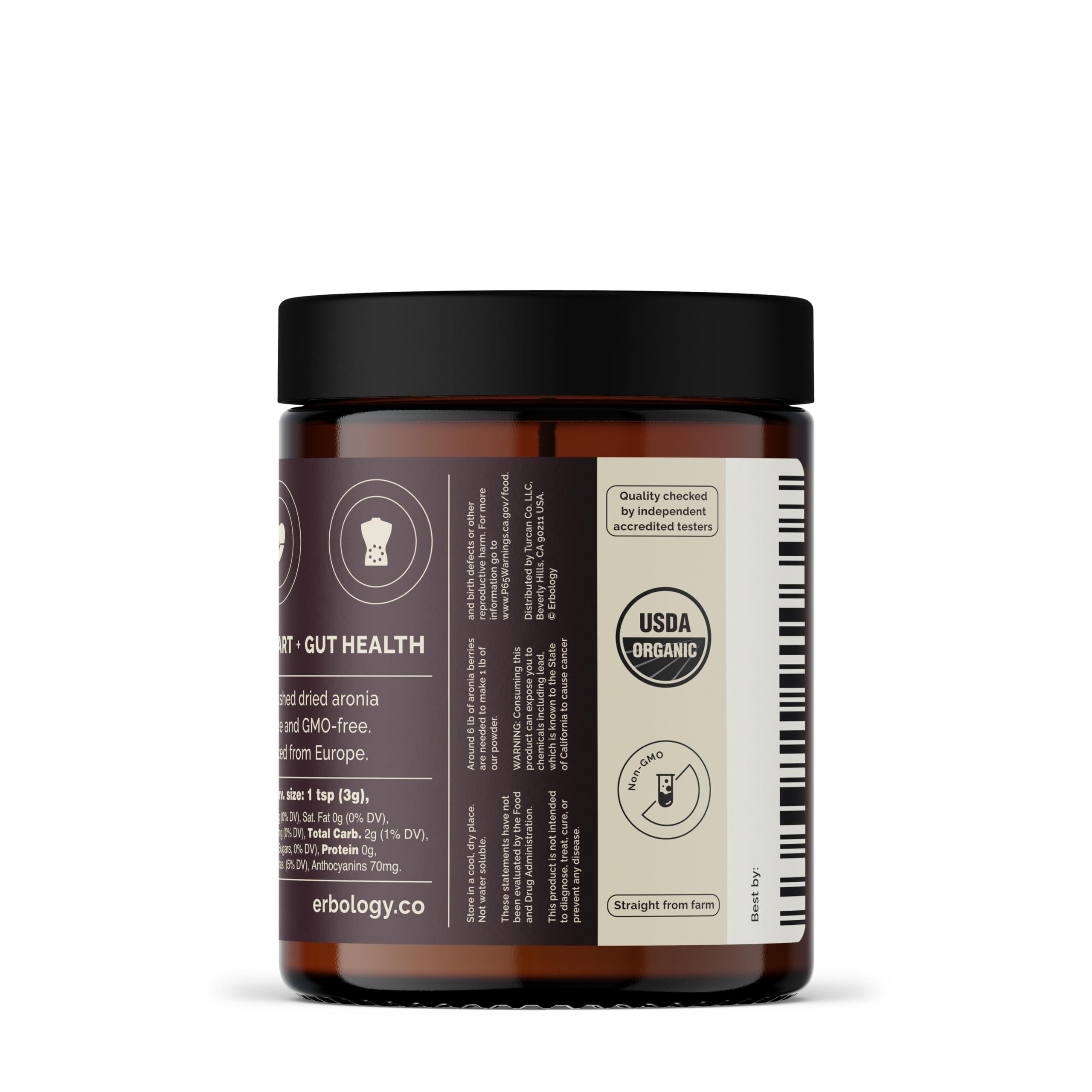 Erbology Erbology Organic Aronia Berry Powder 3.2 oz - 30 Servings - Supports Skin Health - Rich in Anthocyanins - Sustainably Sourced Straight from Farm - Small Batch - Vegan - GMO-free