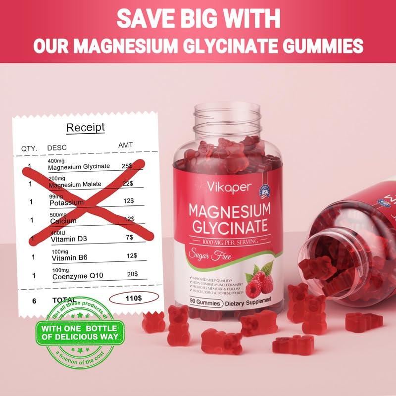 VIKAPER Magnesium Glycinate Gummies 1000mg Sugar Free,Magnesium Potassium Supplement with Vitamin D3,B6 to Sleep,Stress,Muscle Relief,Nerve Health Support for Adults,180 Raspberry Flavor Gummy